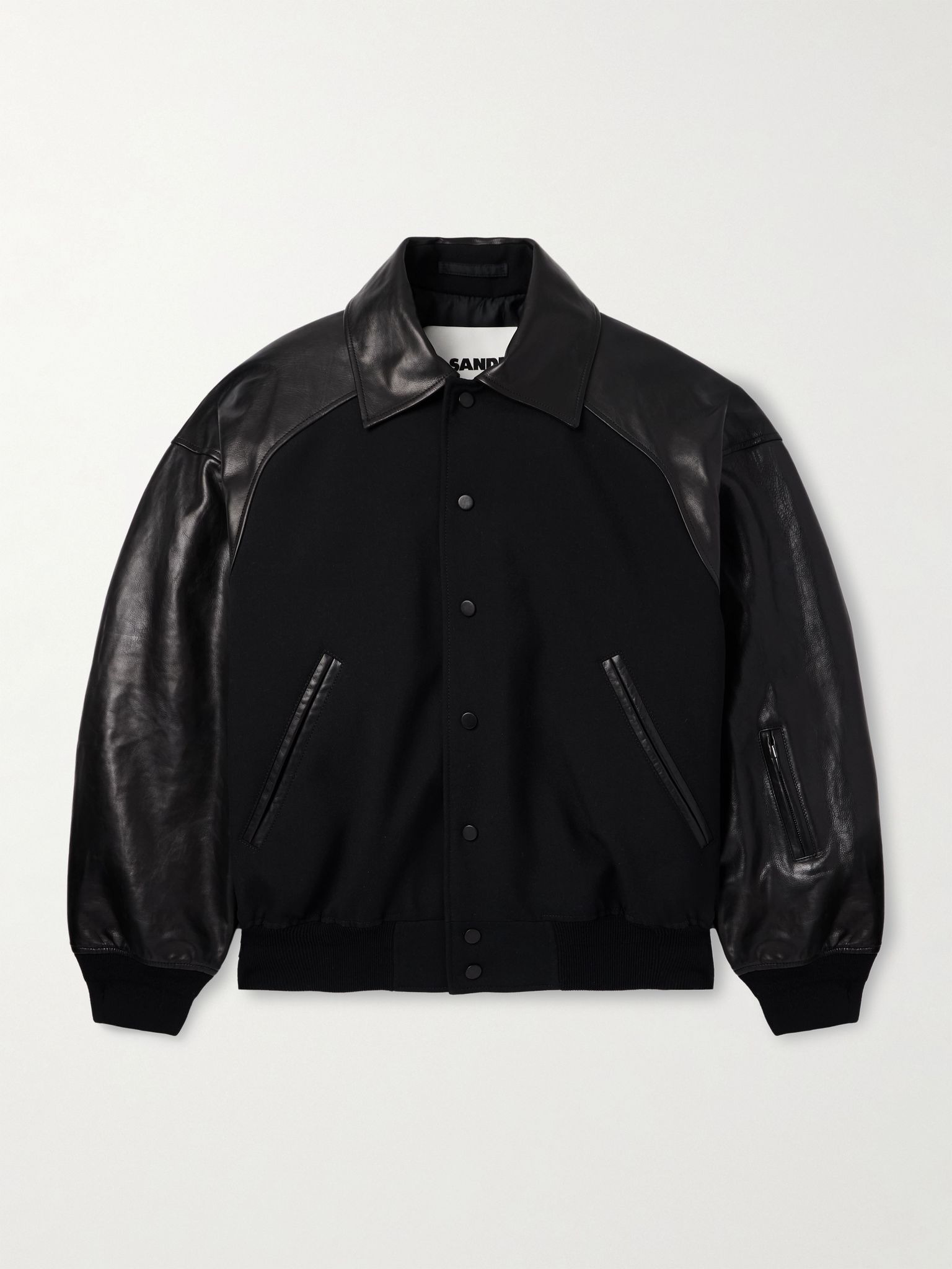 Oversized Leather-Trimmed Wool Varsity Jacket Black - 1