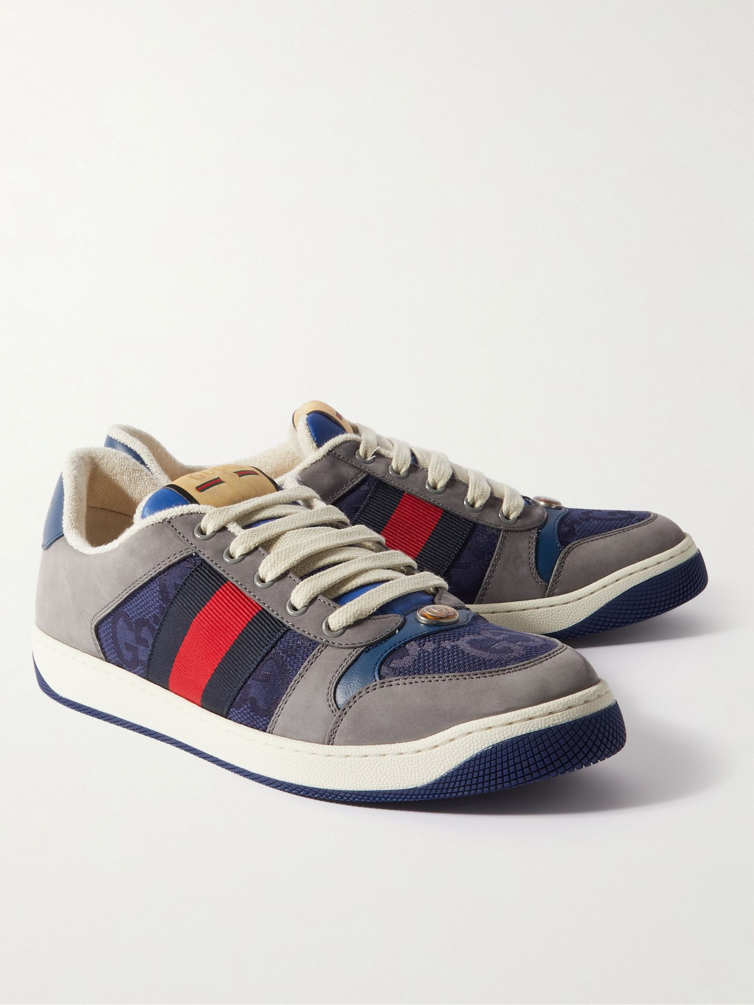 Screener Monogrammed Canvas and Webbing-Trimmed Suede and Leather Sneakers Blue - 4