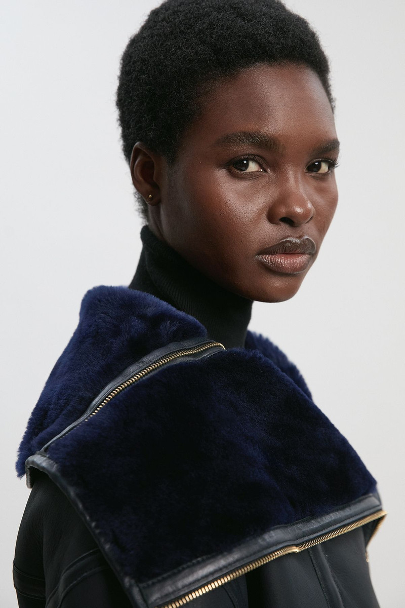 Reversible Shearling & Leather High Collar Maxi Coat 4