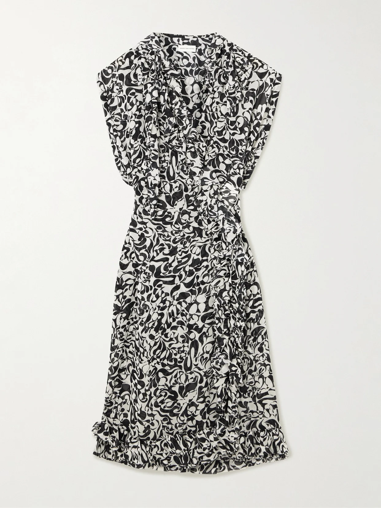 Ruffled Printed Crepe De Chine Midi Wrap Dress - 1