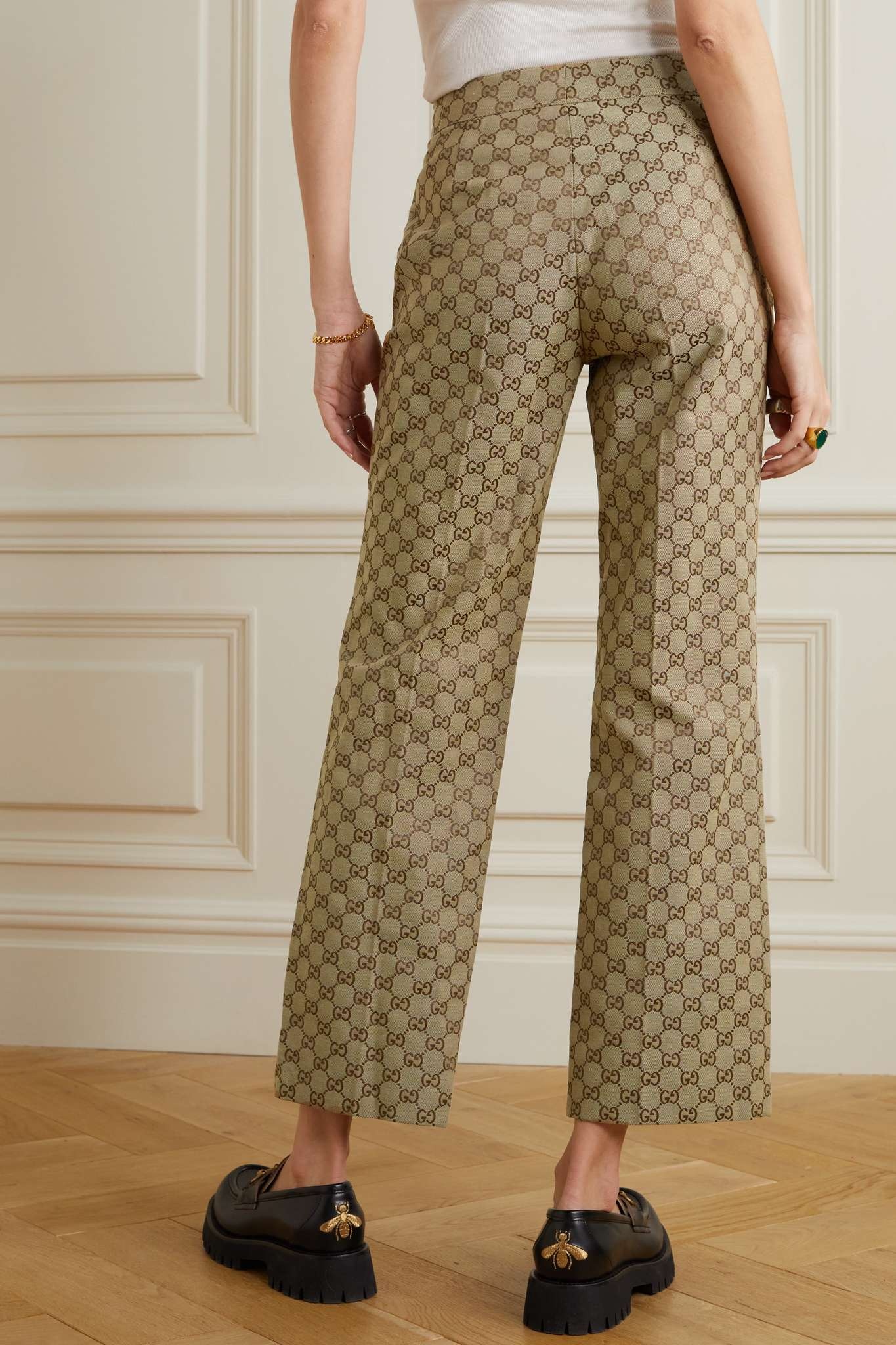 Leather-trimmed cotton-blend canvas-jacquard flared pants - 4