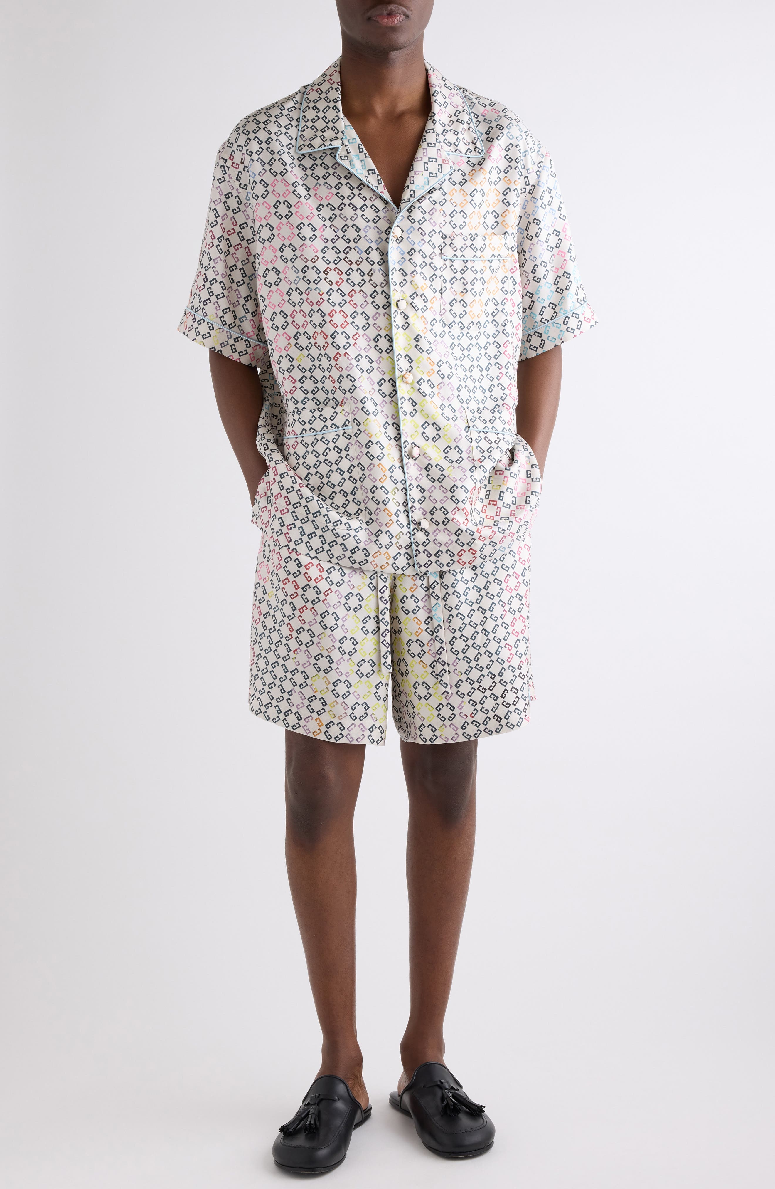 Givenchy Monogram 72 Print Short Sleeve Silk Pajama Shirt in White Multicolored at Nordstrom - 2