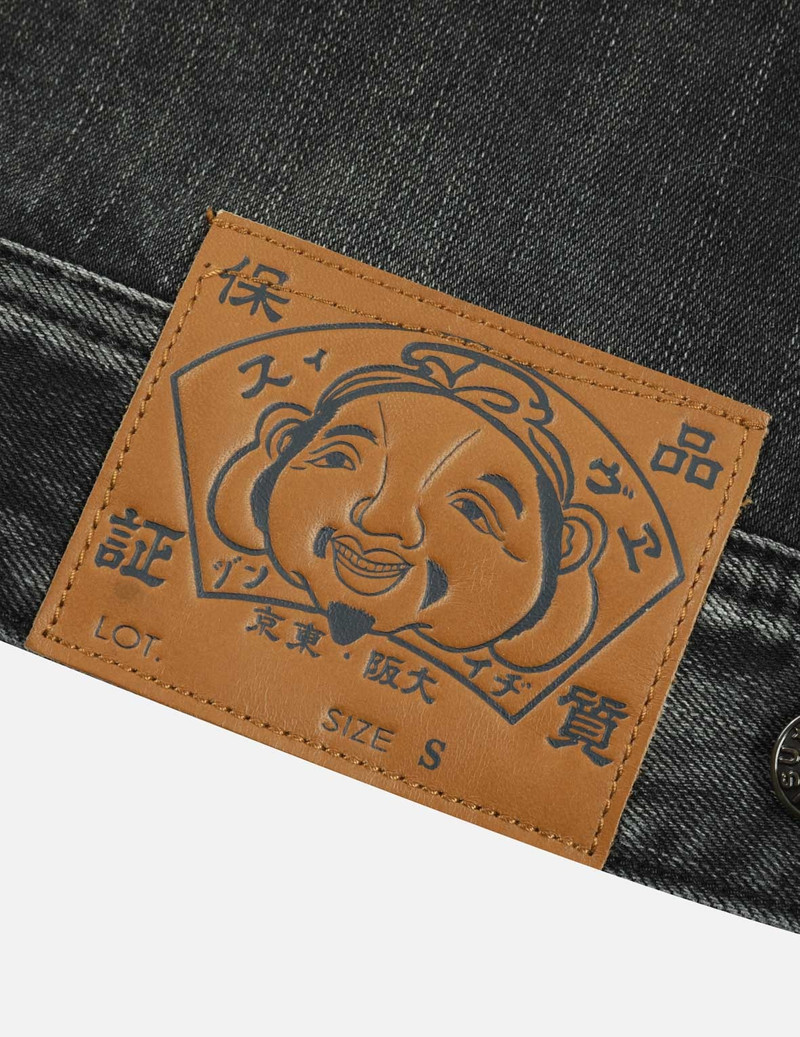 WASHED MULTIPLE BADGES AND BRUSHSTROKE DAICOCK PRINT RELAX FIT DENIM JACKET 11