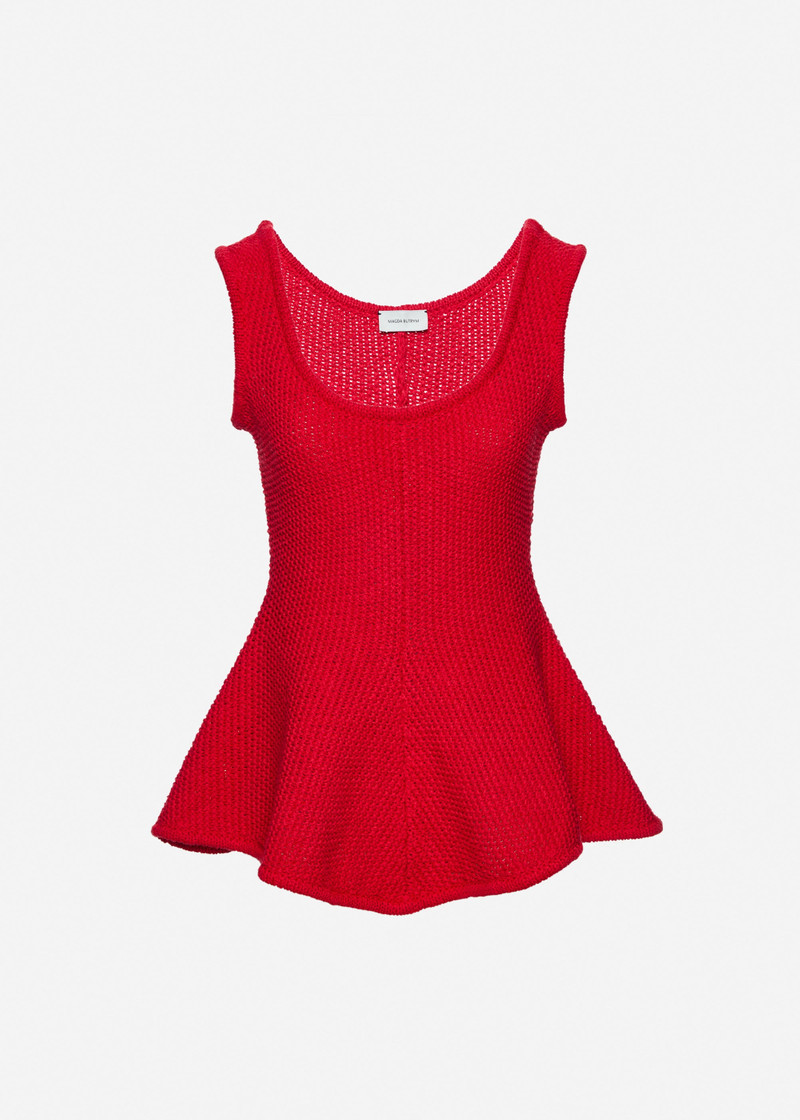 Sleeveless cotton and linen peplum top in red 1