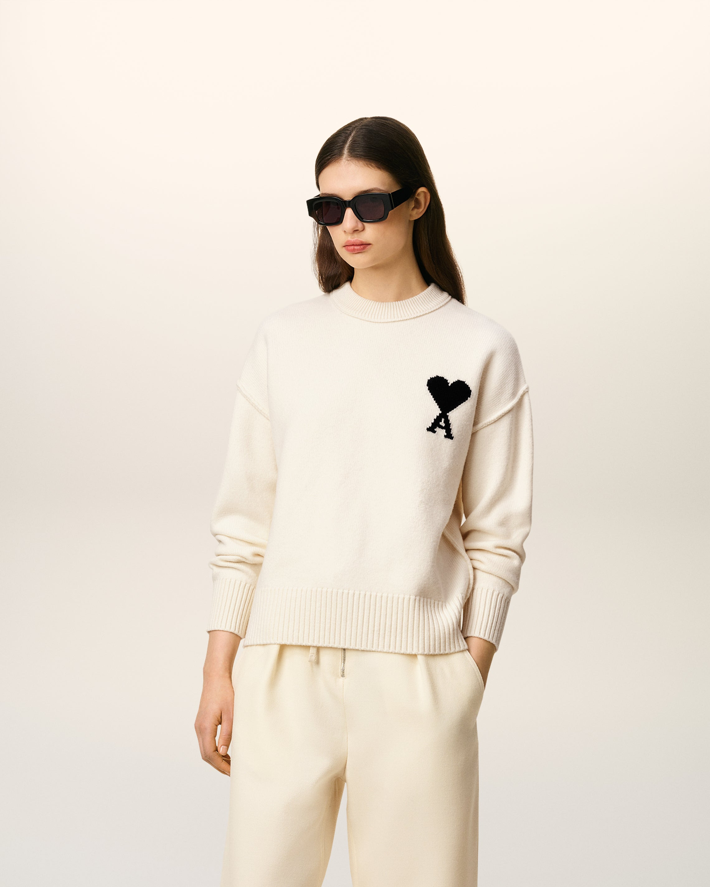WHITE WOOL AMI DE COEUR CREWNECK SWEATER - 5