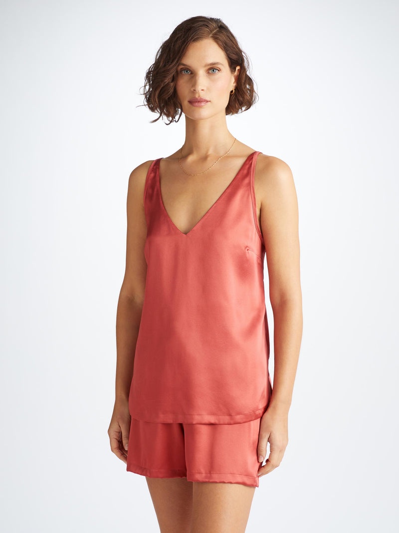 Women's Short Cami Pajamas Bailey Silk Satin Rose Red - 2