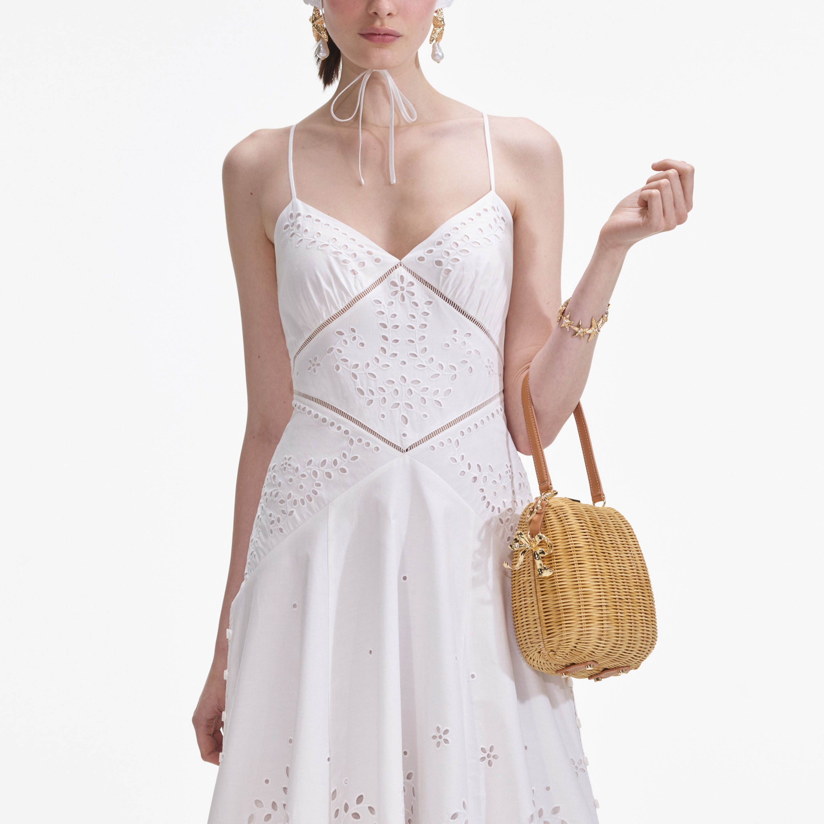 White Cotton Embroidered Midi Dress - 4