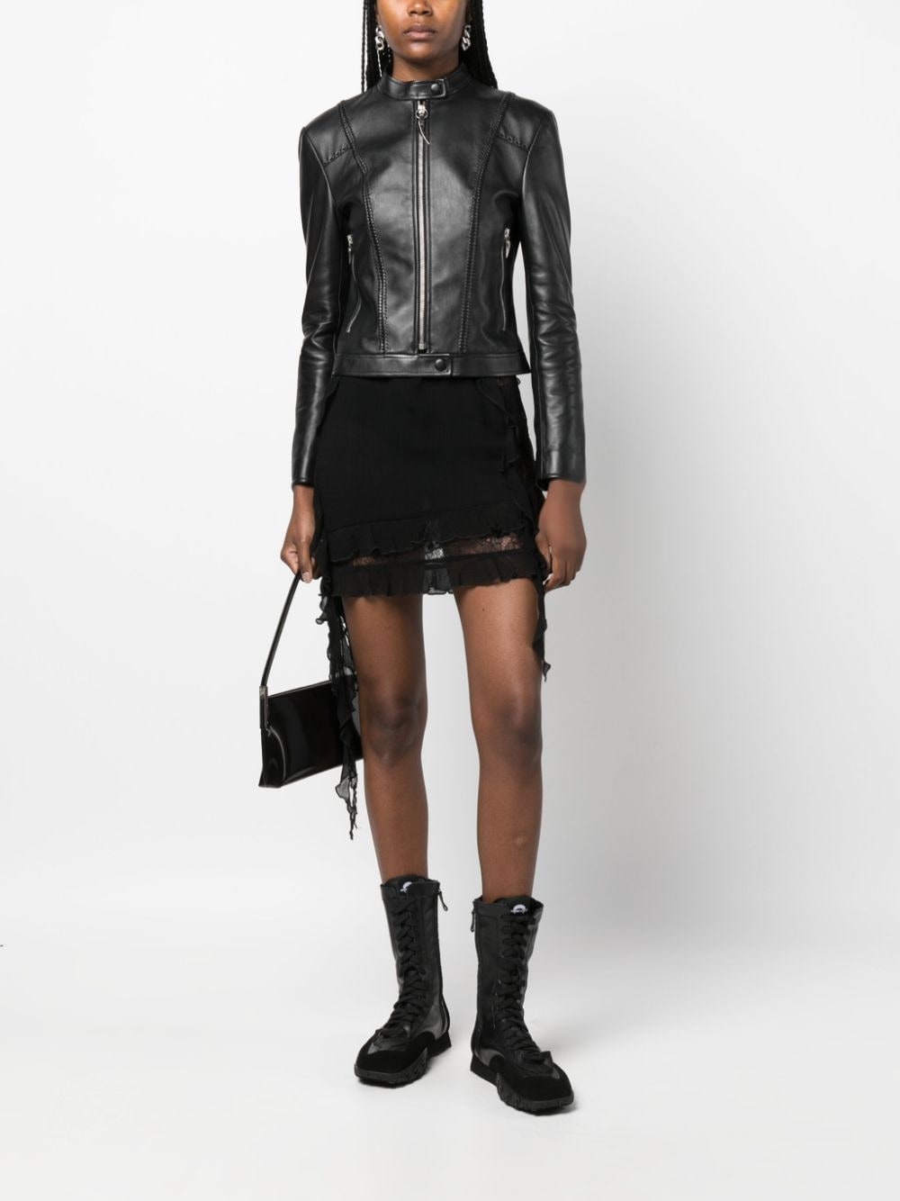 band collar leather jacket - 2