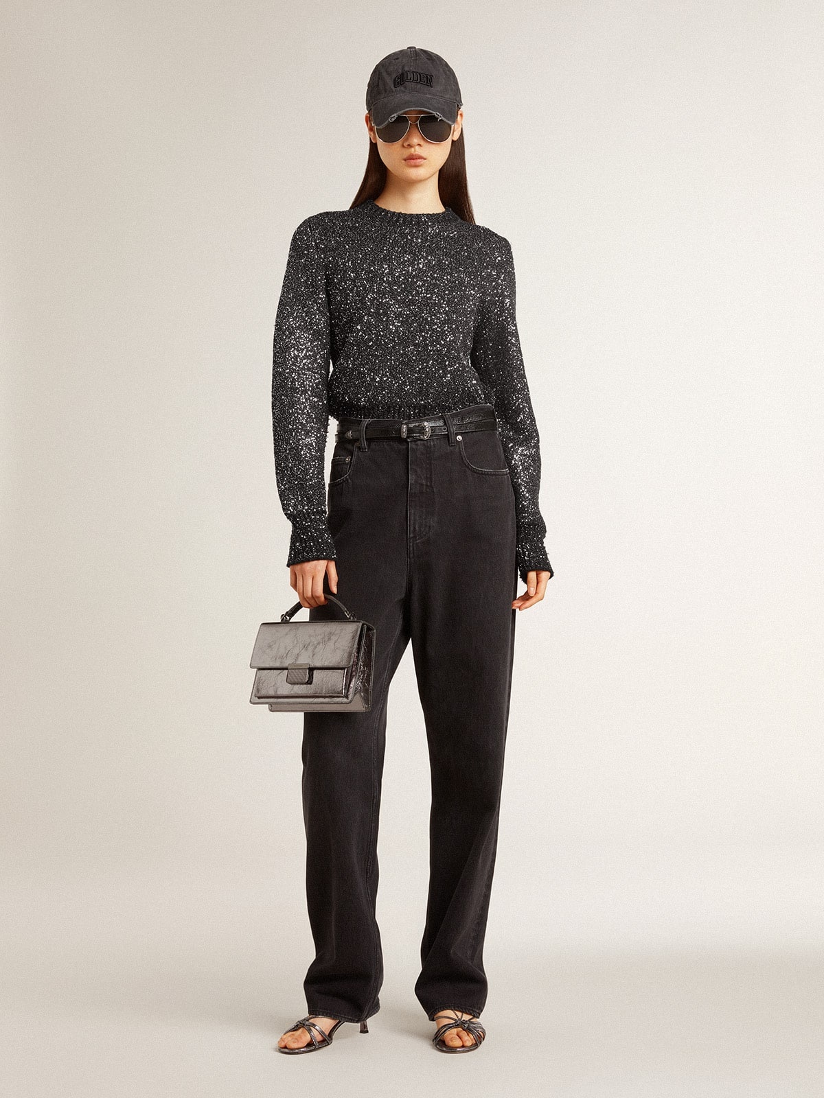 Women's black wool blend cropped sweater with all-over sequins - 3