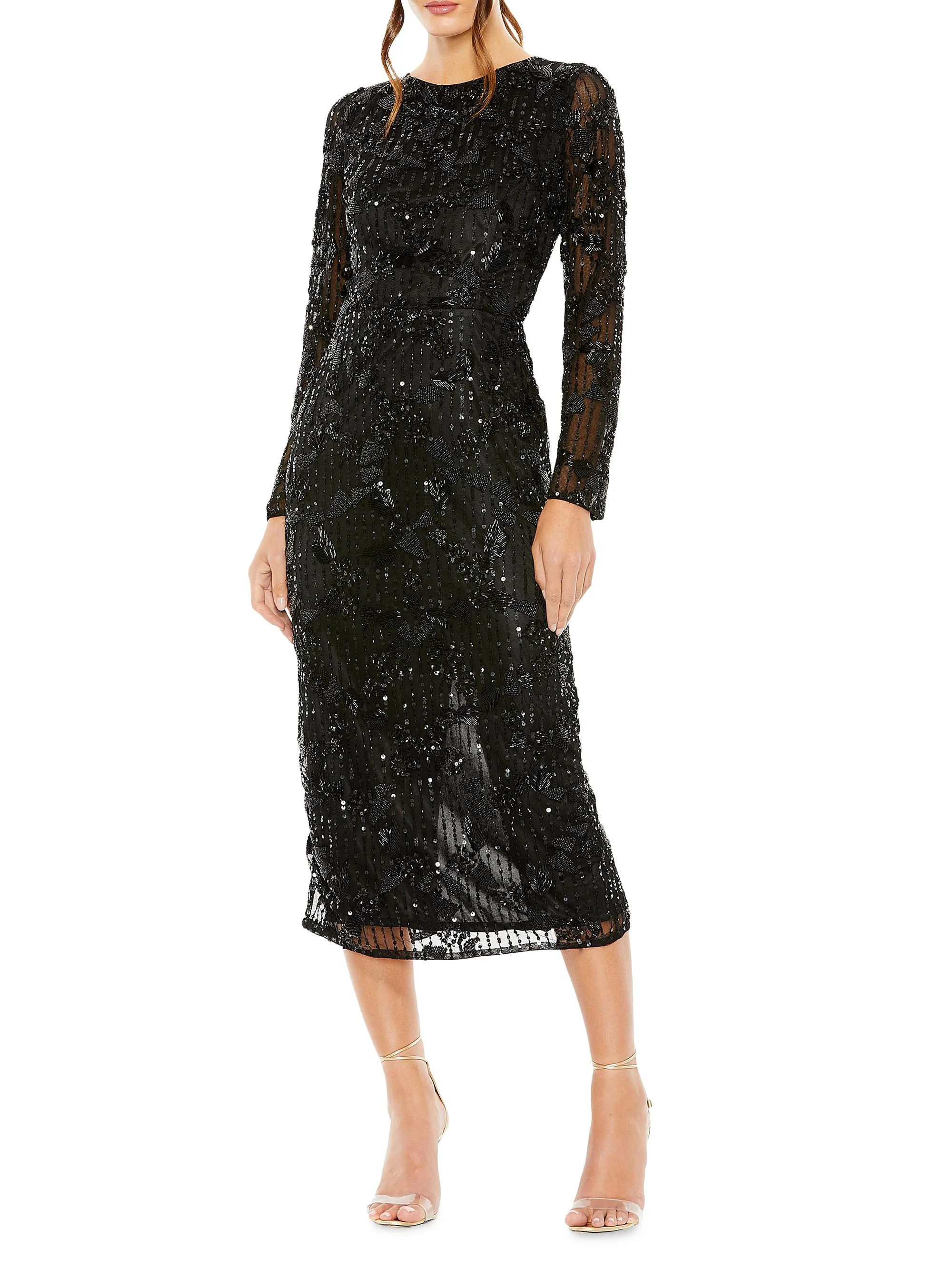 Women's Beaded Long-Sleeve Midi-Dress - Black - 1
