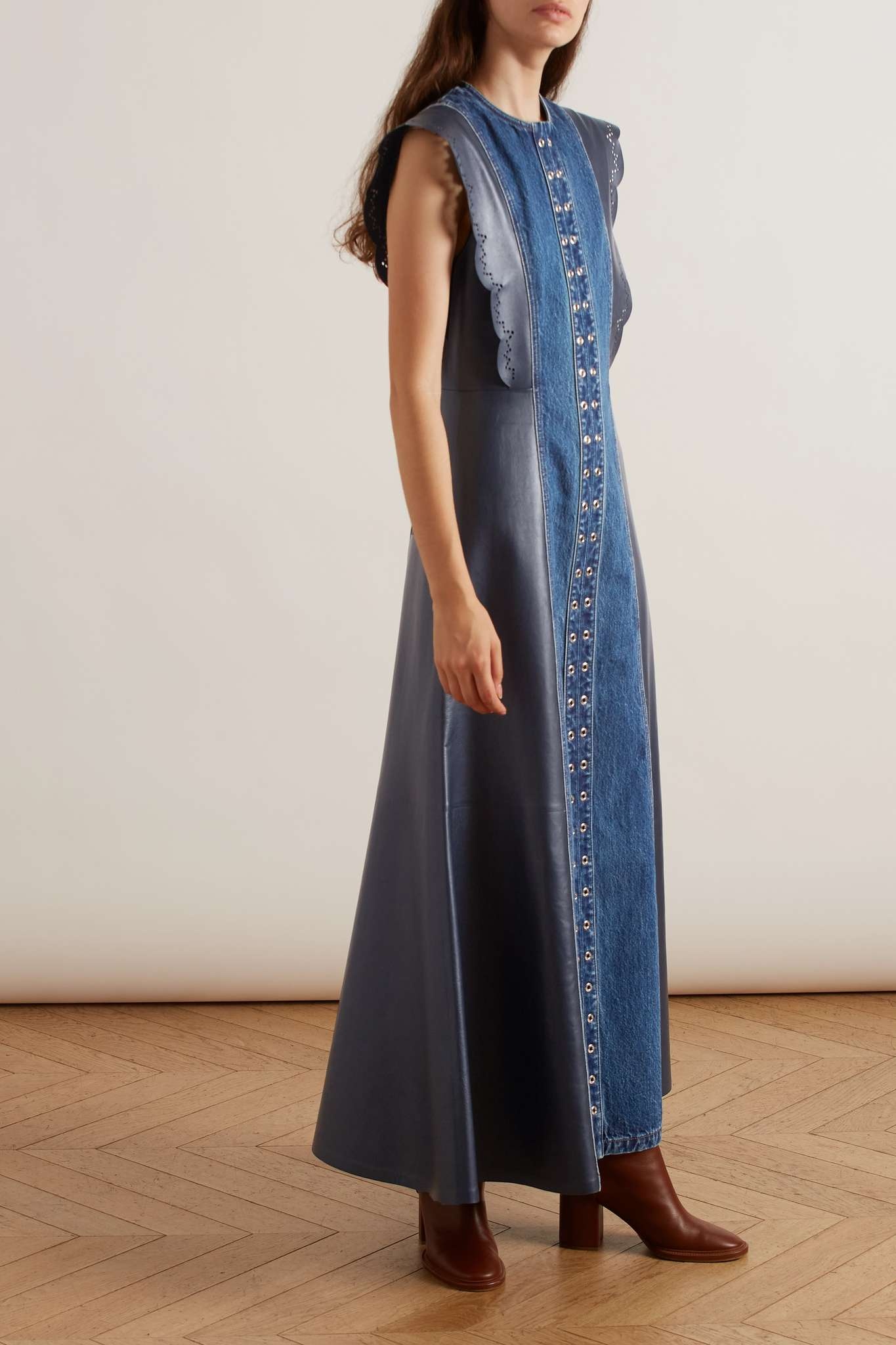 Embellished organic denim and scalloped leather maxi dress - 3