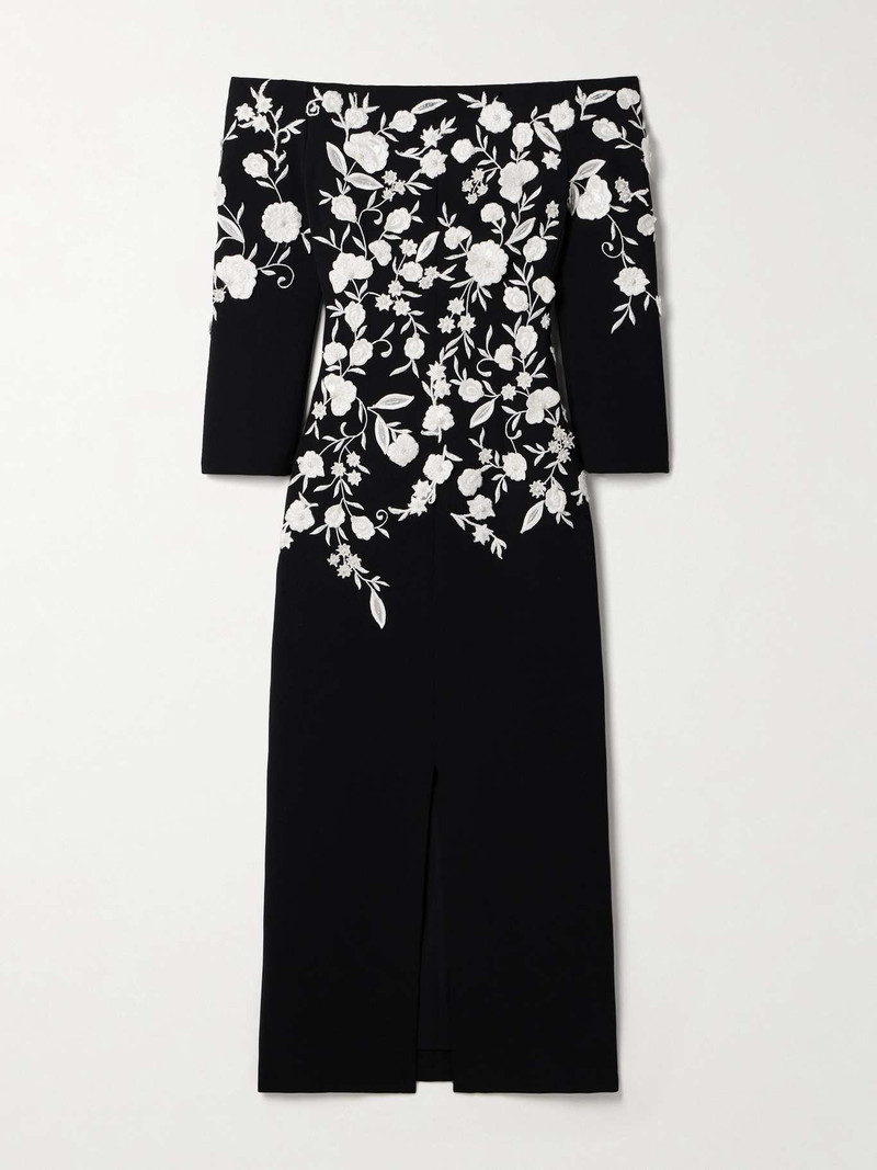Off-the-shoulder embroidered embellished crepe gown - 1