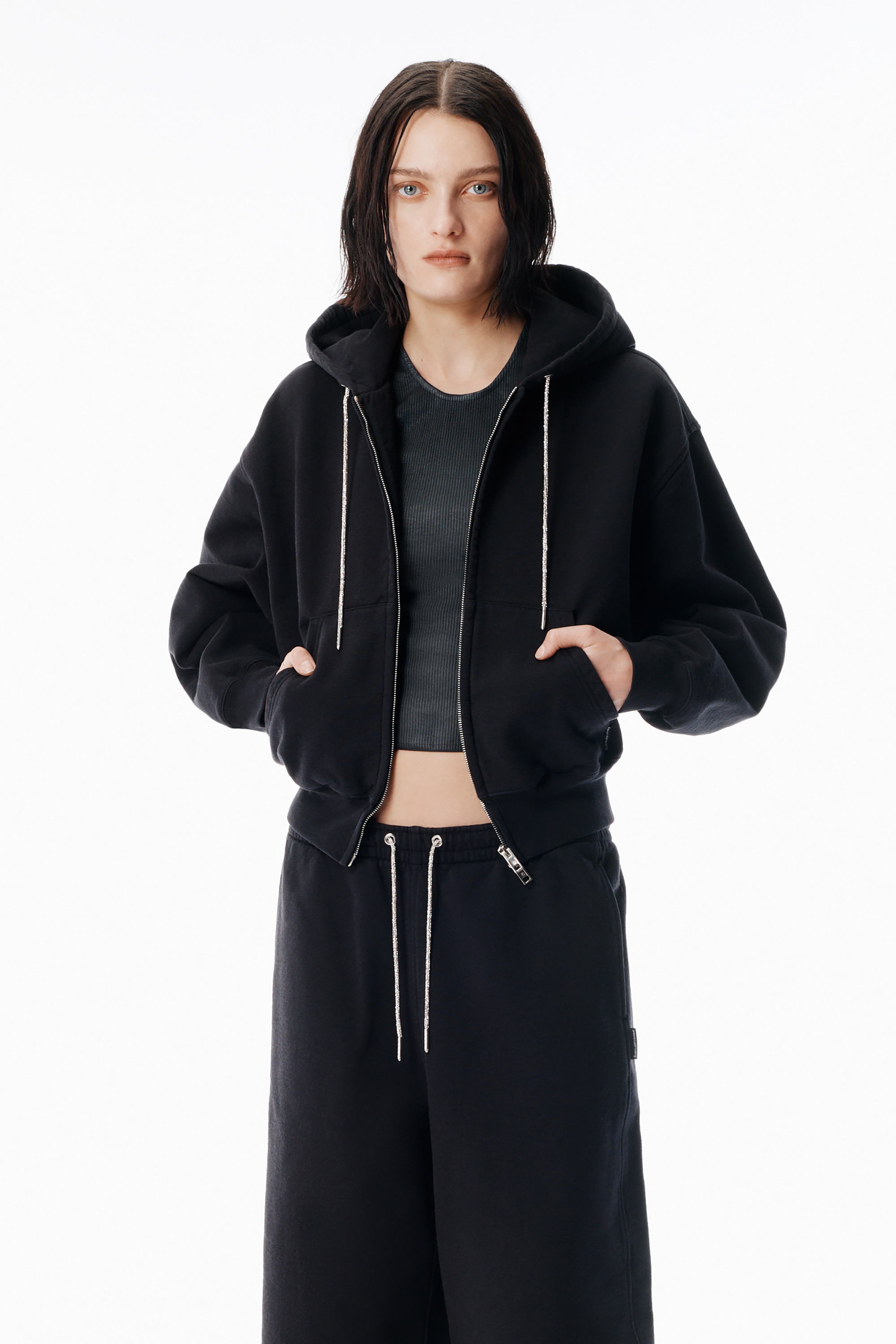 Black Cotton Terry Hoodie with Crystal Hotfix Drawcord - 2