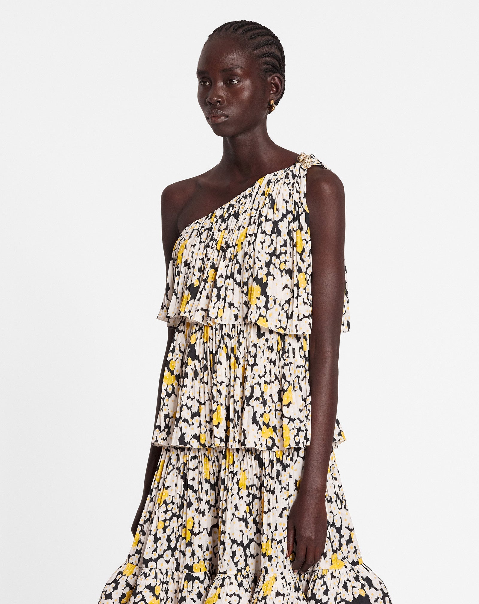 PRINTED CHARMEUSE ASYMMETRIC DRESS WITH RUFFLES - 3