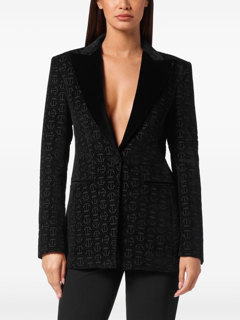 monogram velvet single breasted blazer - 3