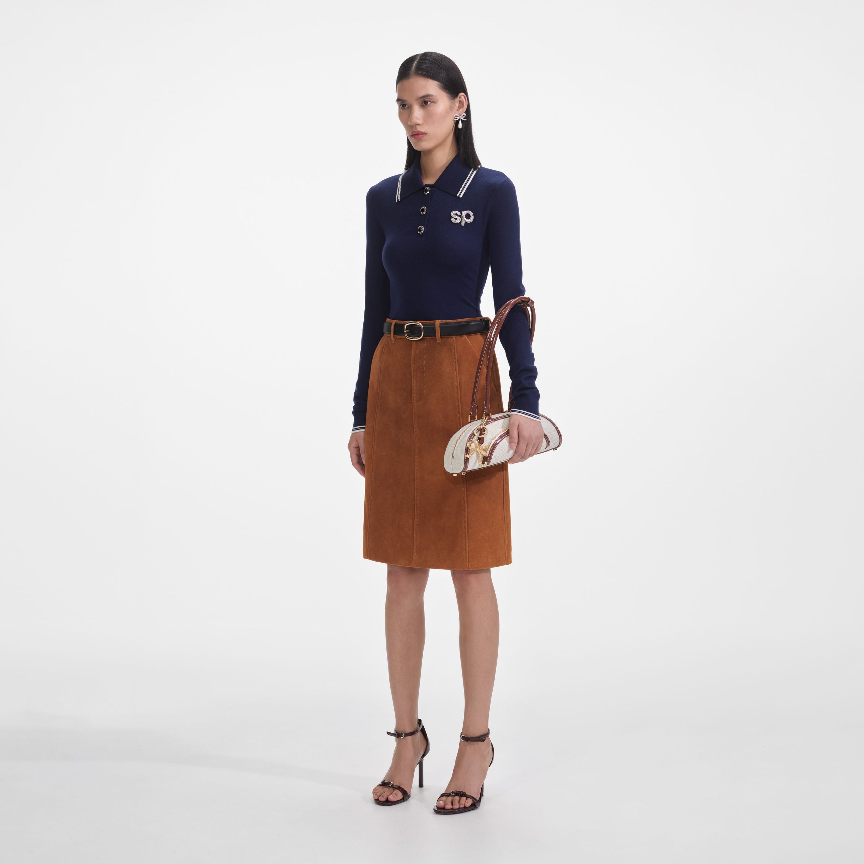 Navy Knit Long Sleeve SP Polo Top - 2