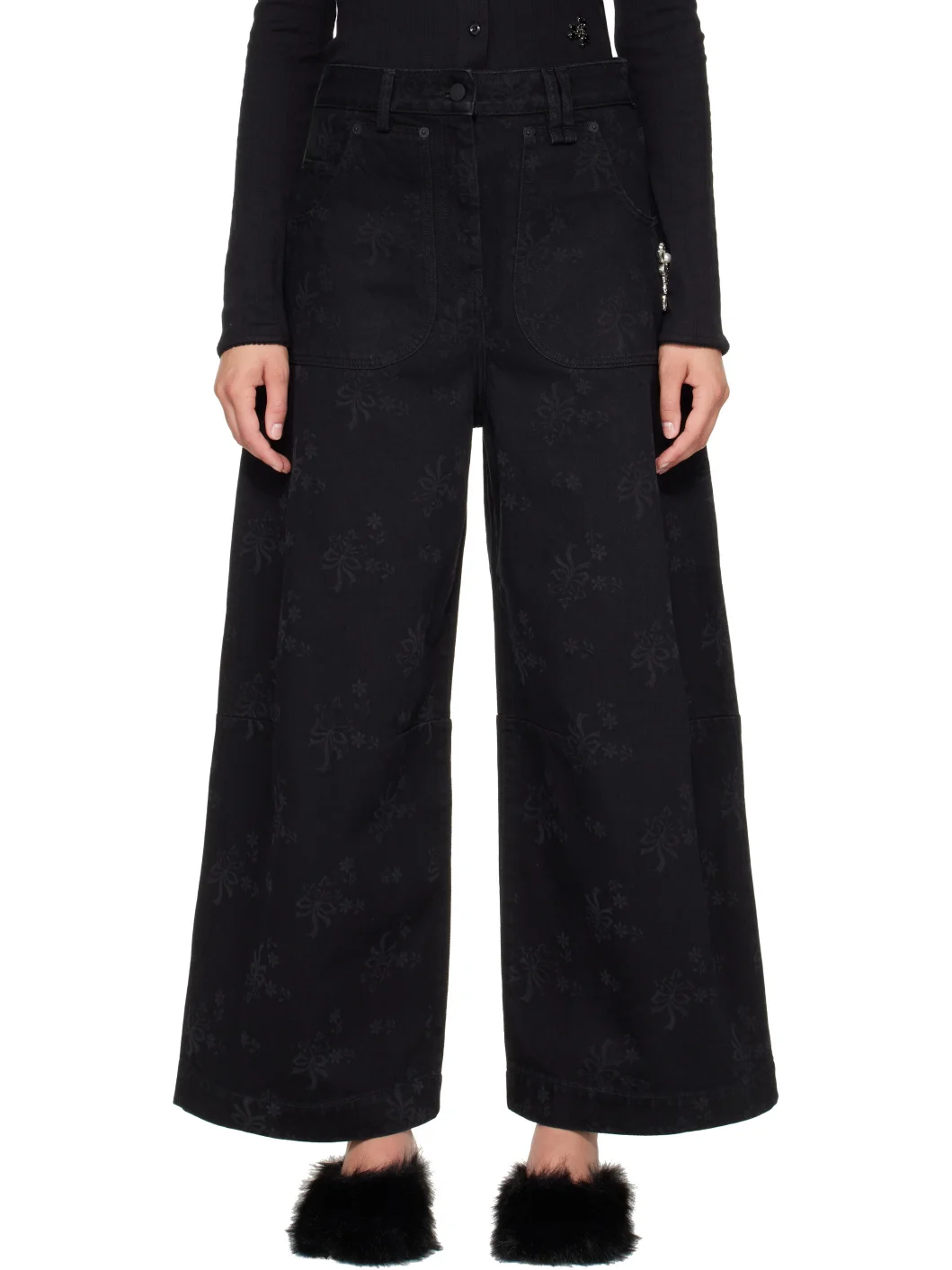 Black Embellished Cropped Wide Leg Utility Curve Jeans - 1