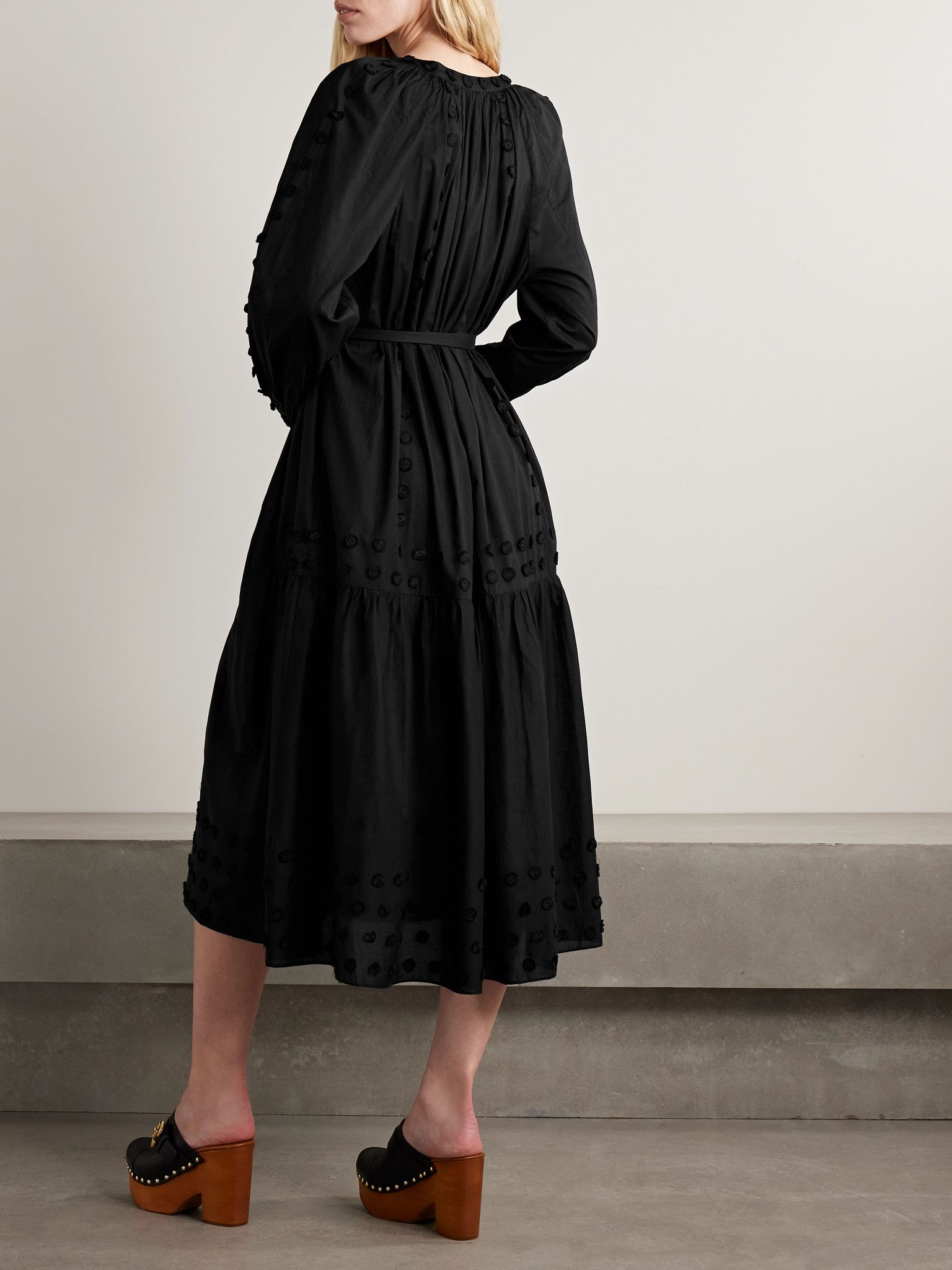 Emera belted appliquéd cotton-voile midi dress Black - 3