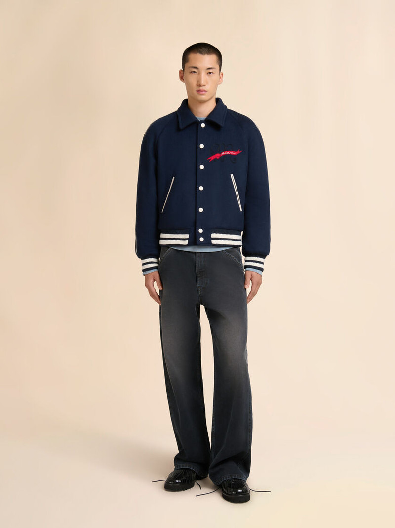 Marni DEEP BLUE FELT BOMBER JACKET WITH EMBROIDERED MARNI FLAG PATCH outlook