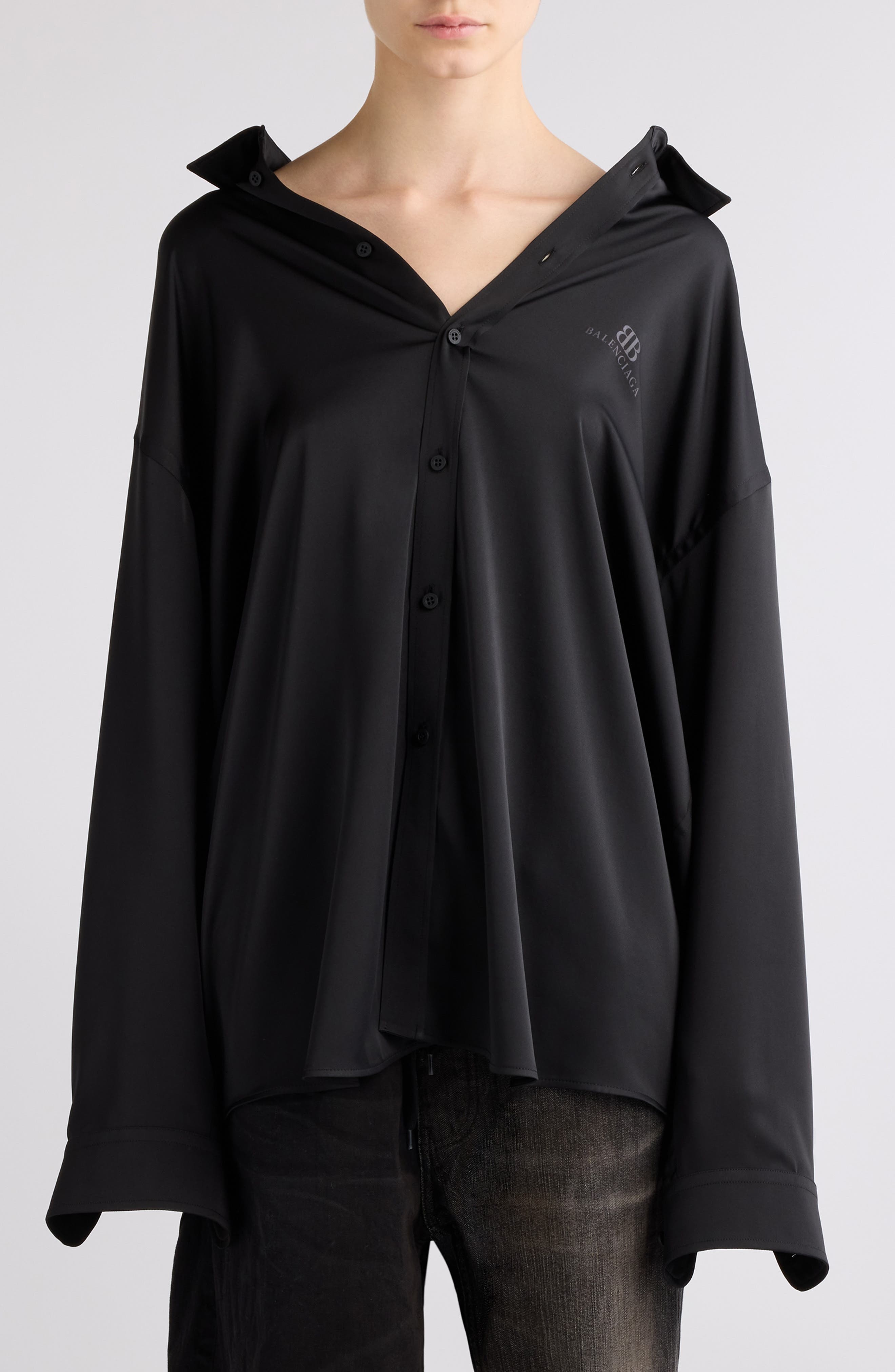 Balenciaga BB Oversize Fluid Twill Button-Up Shirt in 1000 Black at Nordstrom - 1
