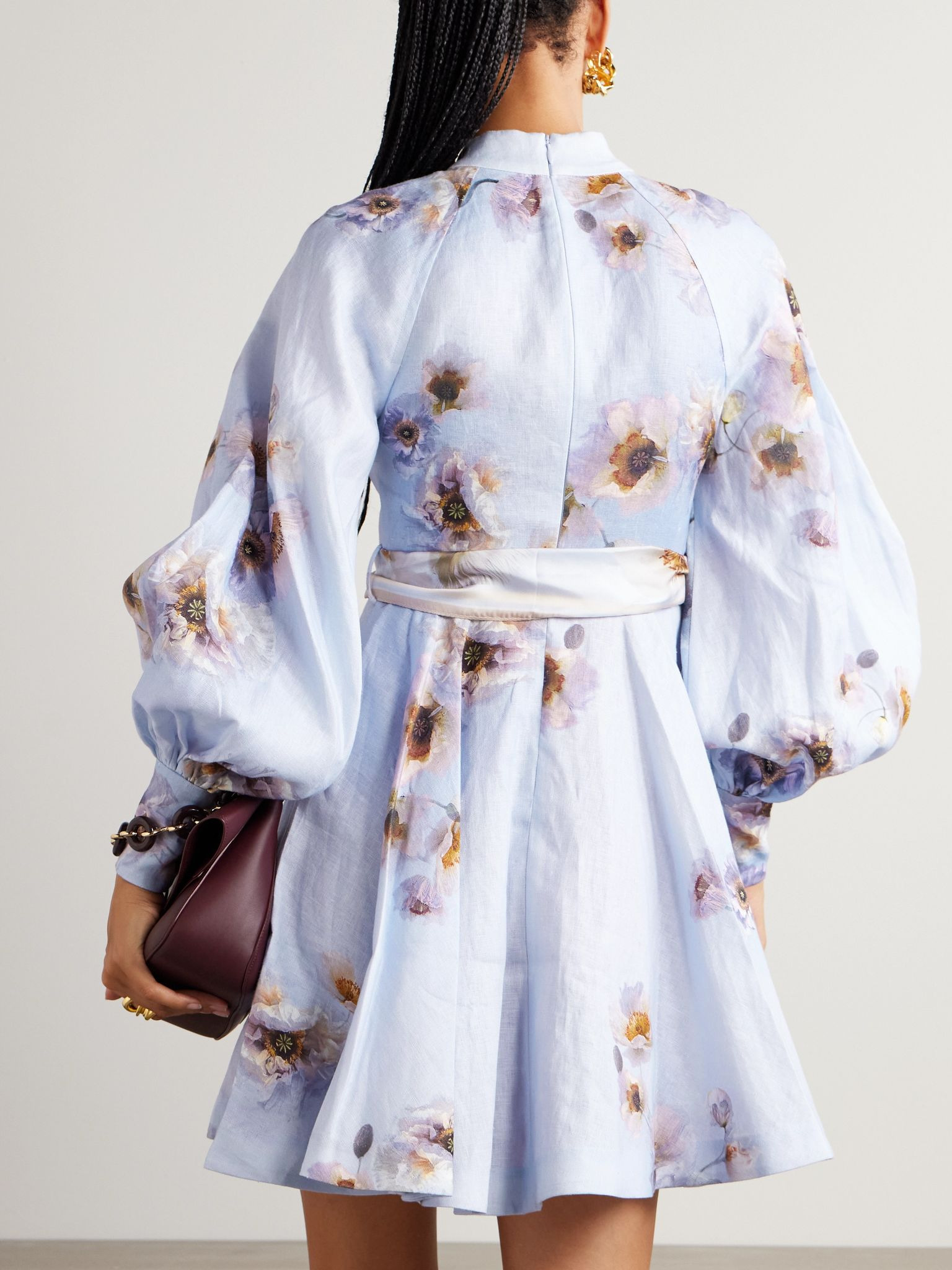Belted floral-print silk-trimmed linen mini dress Lilac - 3