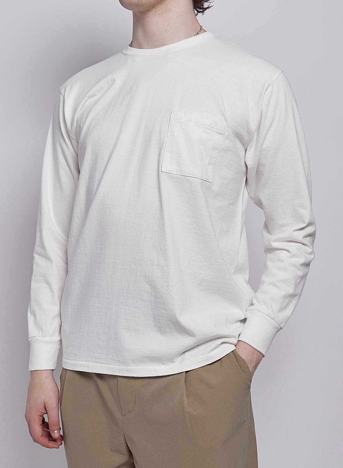 Allevol Heavy Duty Crew Neck Pocket Long Sleeve T-Shirt in White - 4