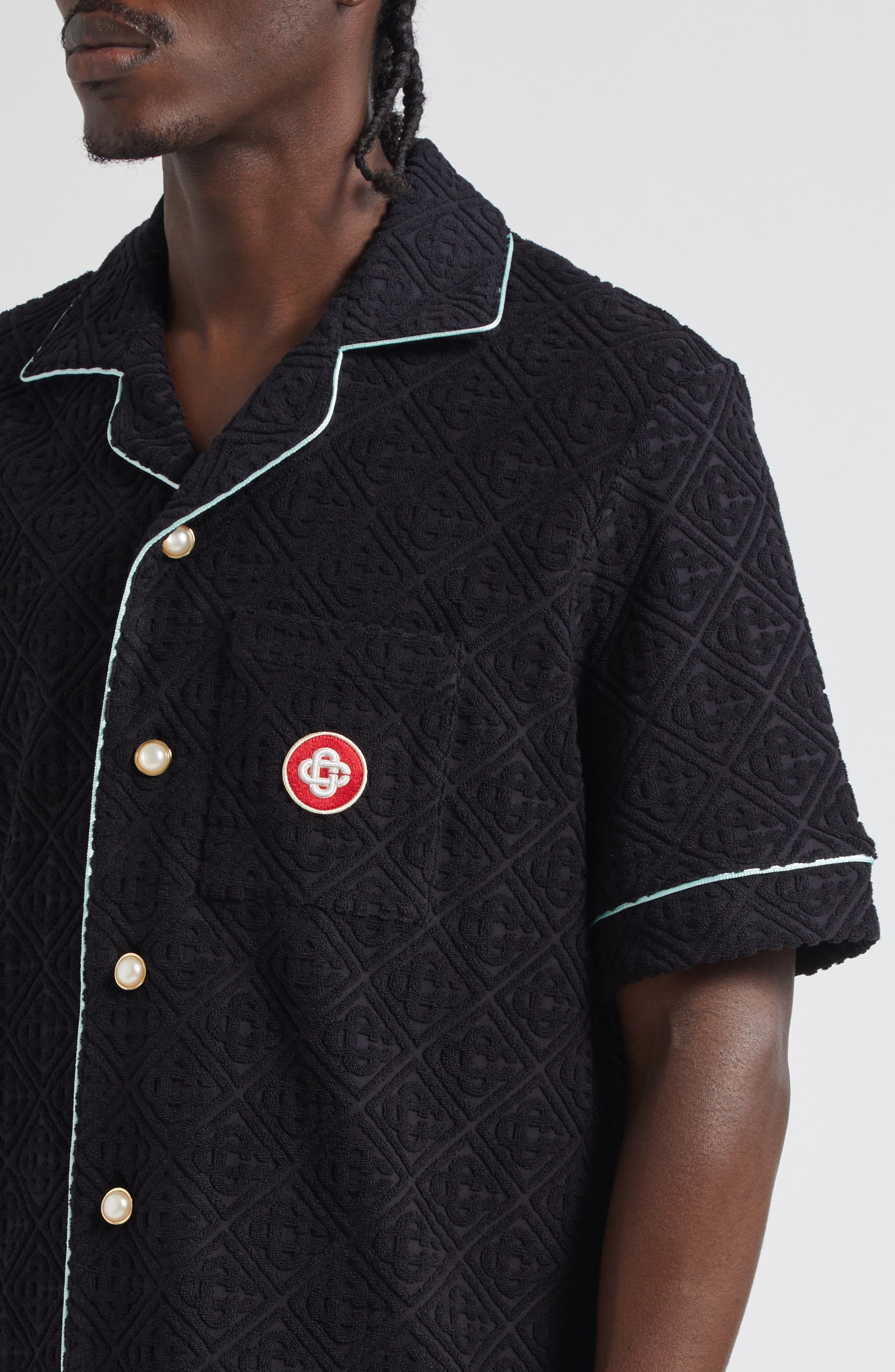 Casablanca Monogram Jacquard Terry Cloth Camp Shirt in Black at Nordstrom - 4