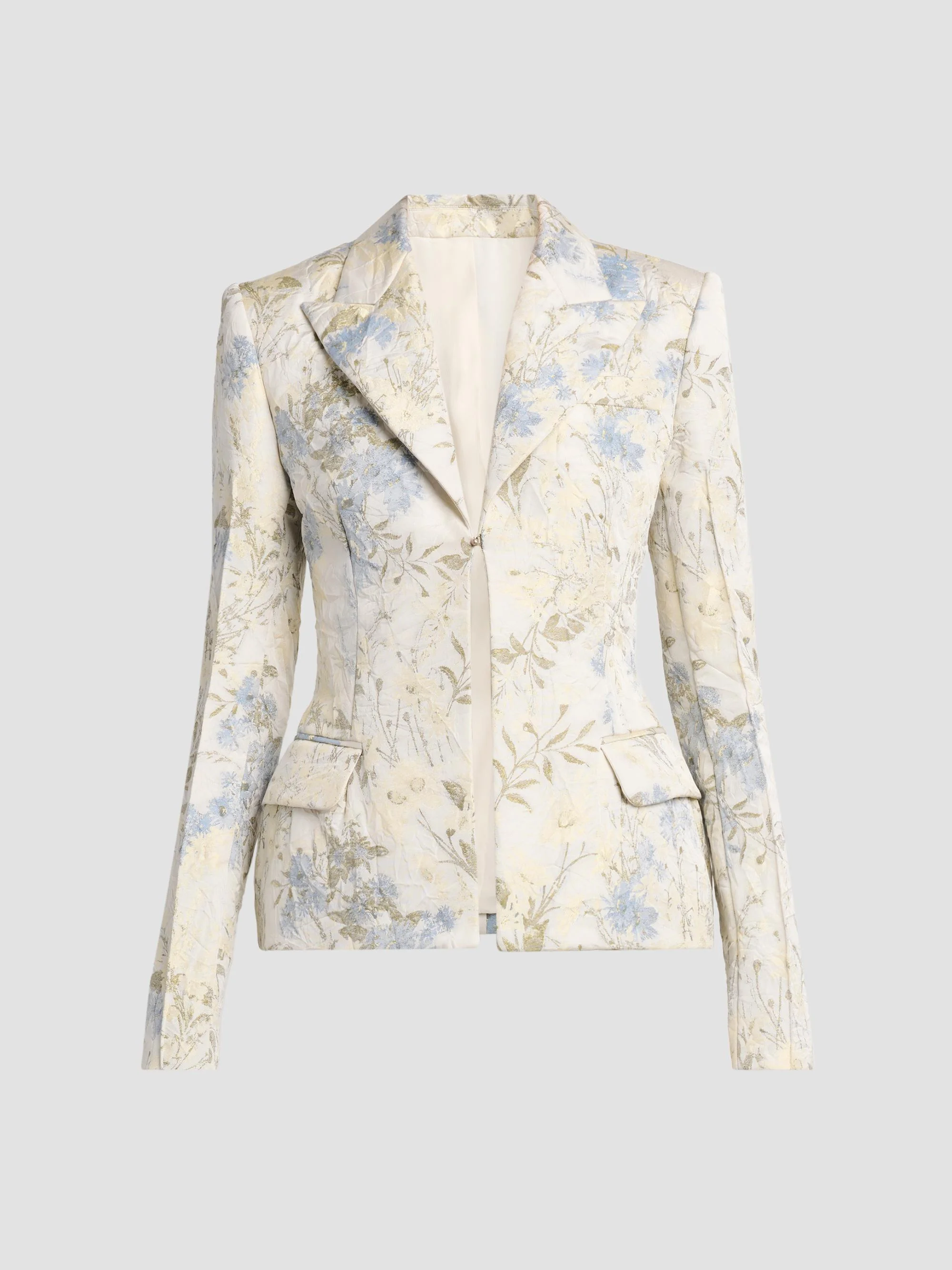 Women's Floral Jacquard Single-Breasted Jacket - Ivory Lemon Blue - 1