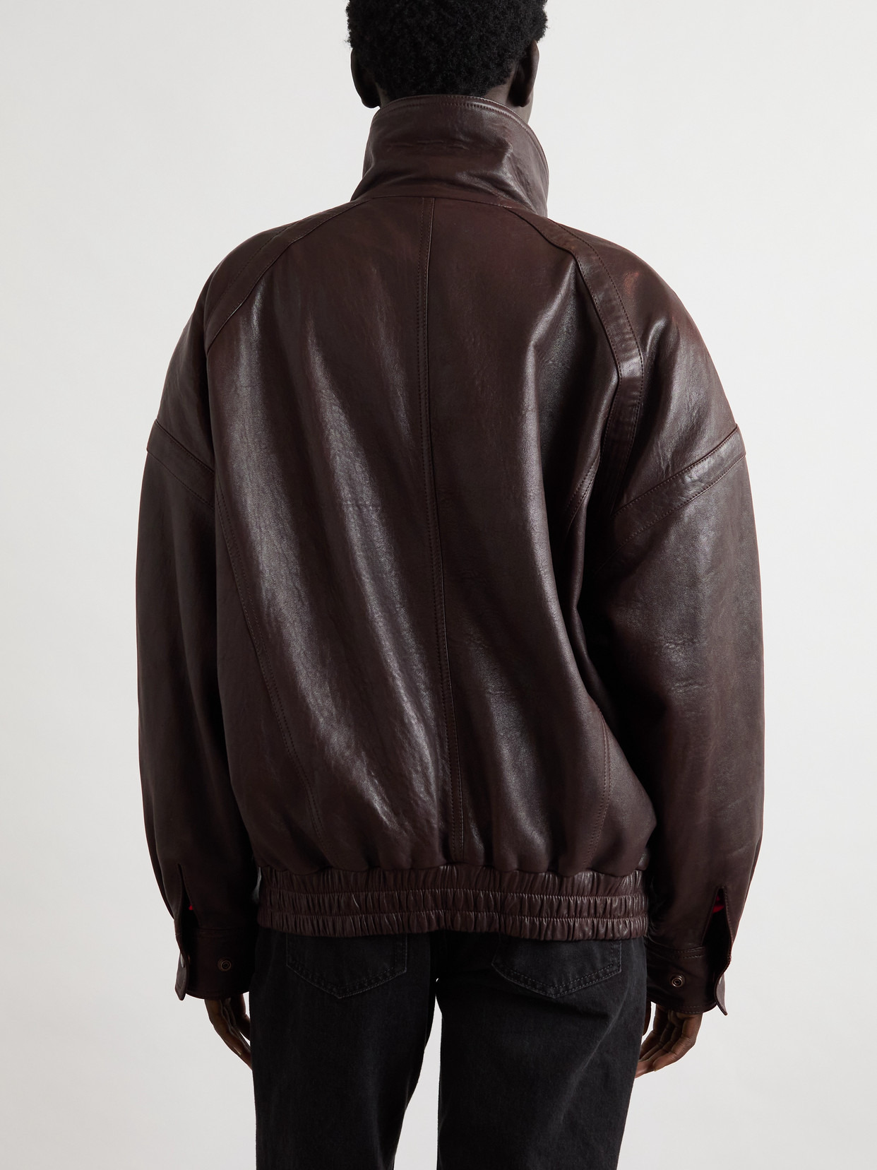 Oversized Double-breasted Paneled Leather Jacket - 3