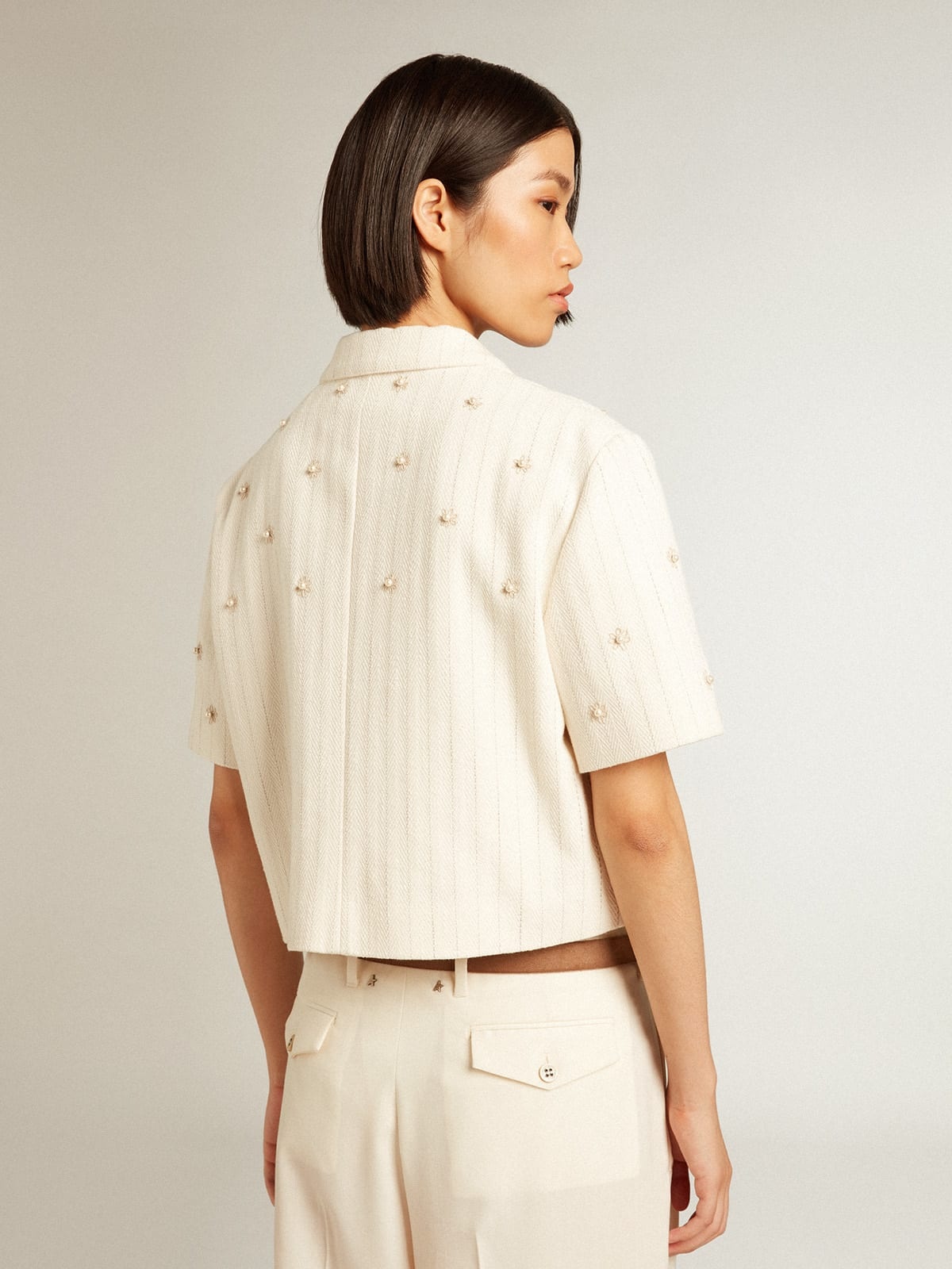 Aged white jacket in pinstripe cotton with all-over floral embroidery - 4