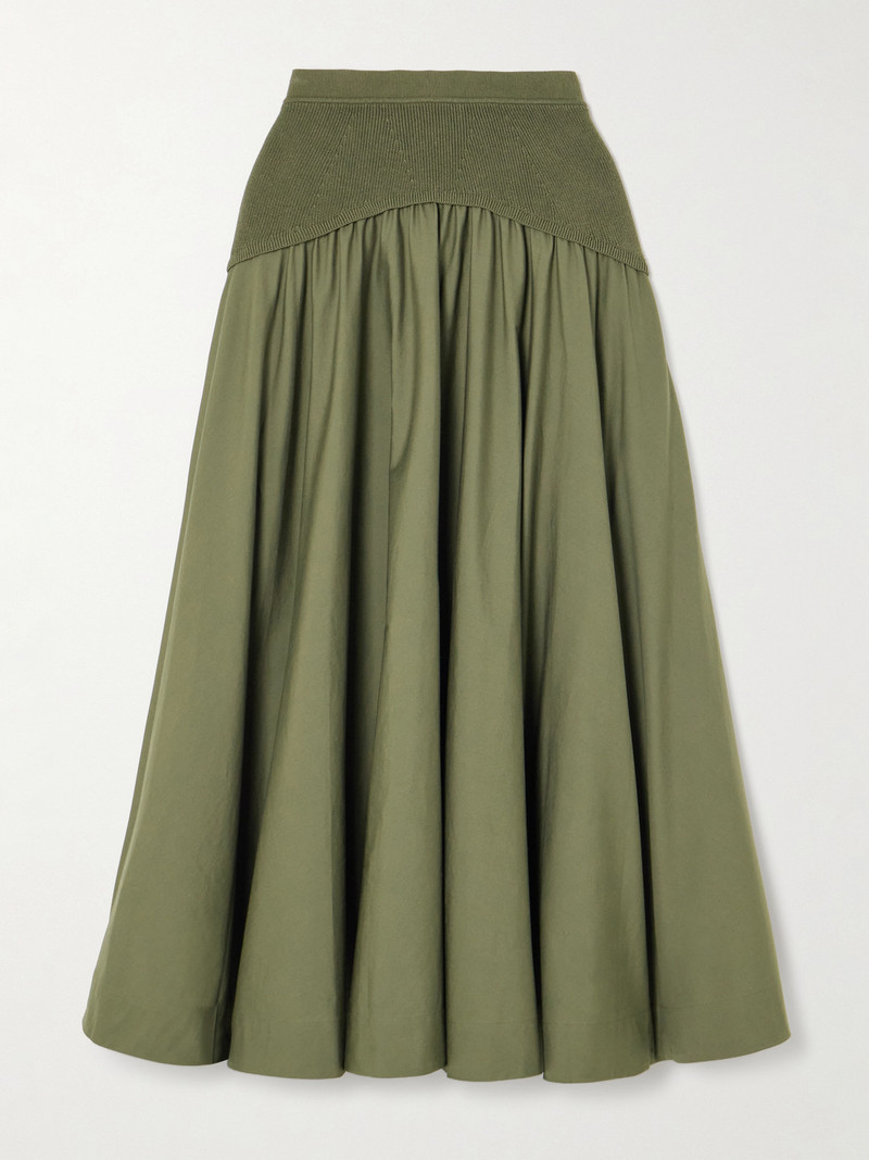 Ovie Pleated Ribbed-knit Trimmed Cotton-poplin Midi Skirt 1