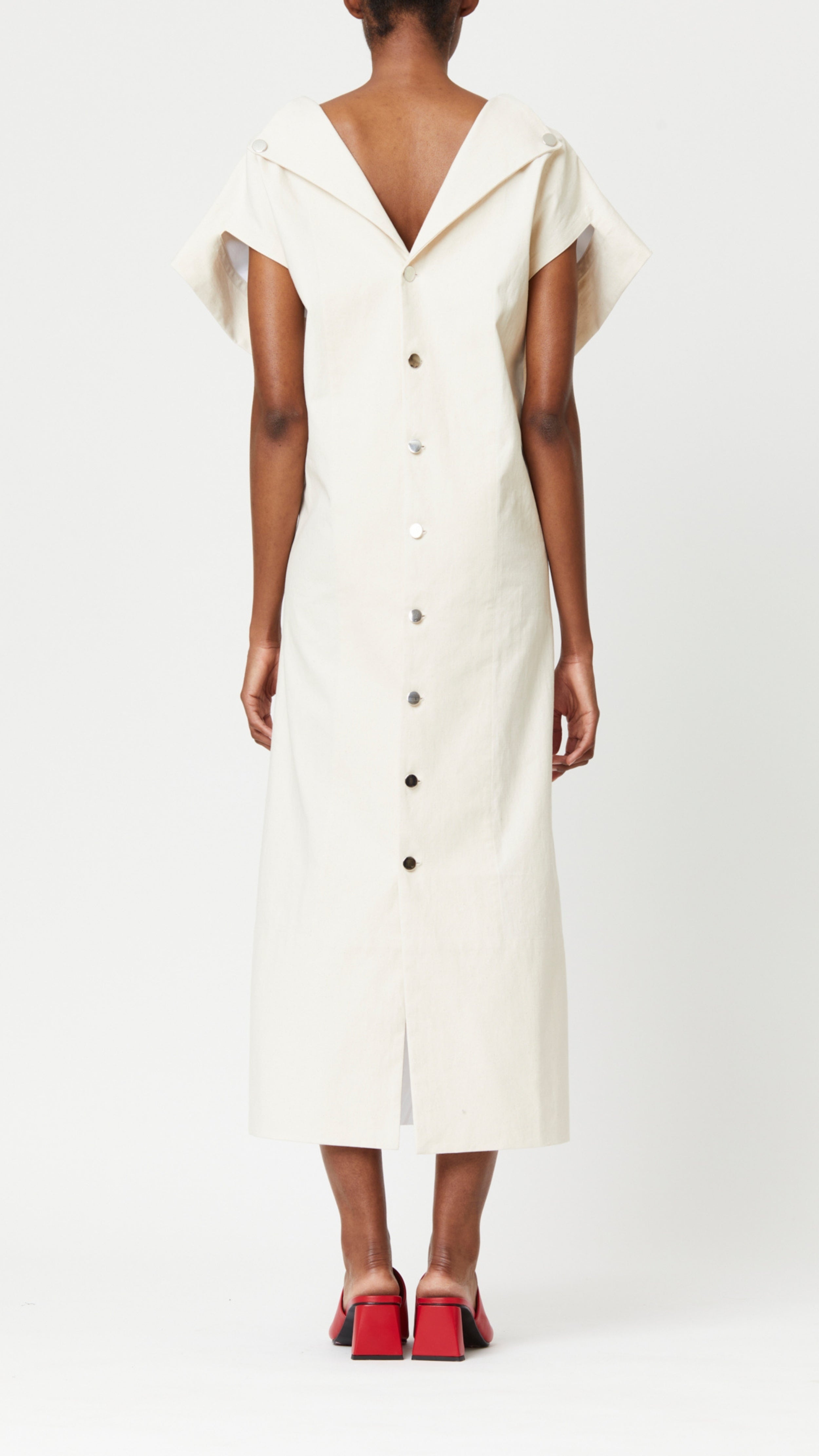 Smock Dress with Buttons in White & Calico - 3