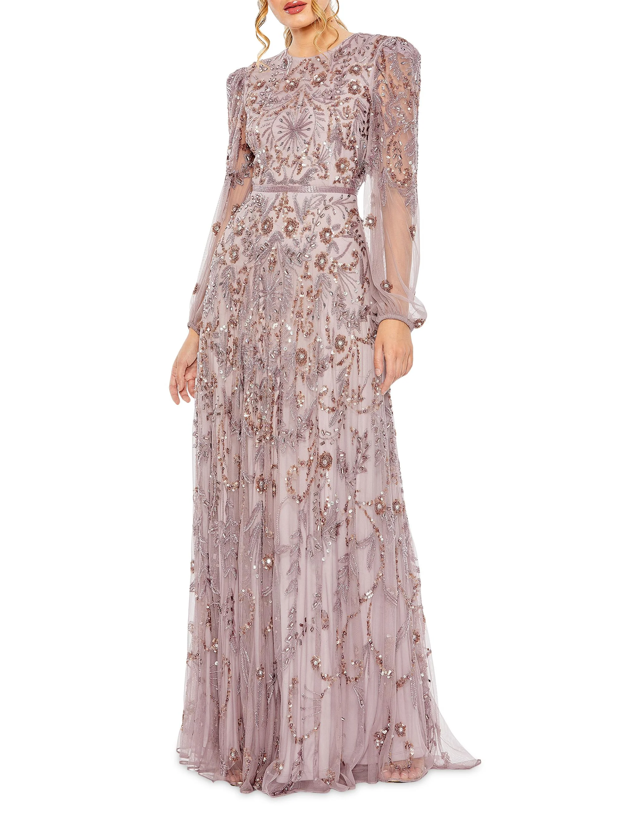 Women's Beaded & Sequined Puff-Sleeve Gown - Heather - 1