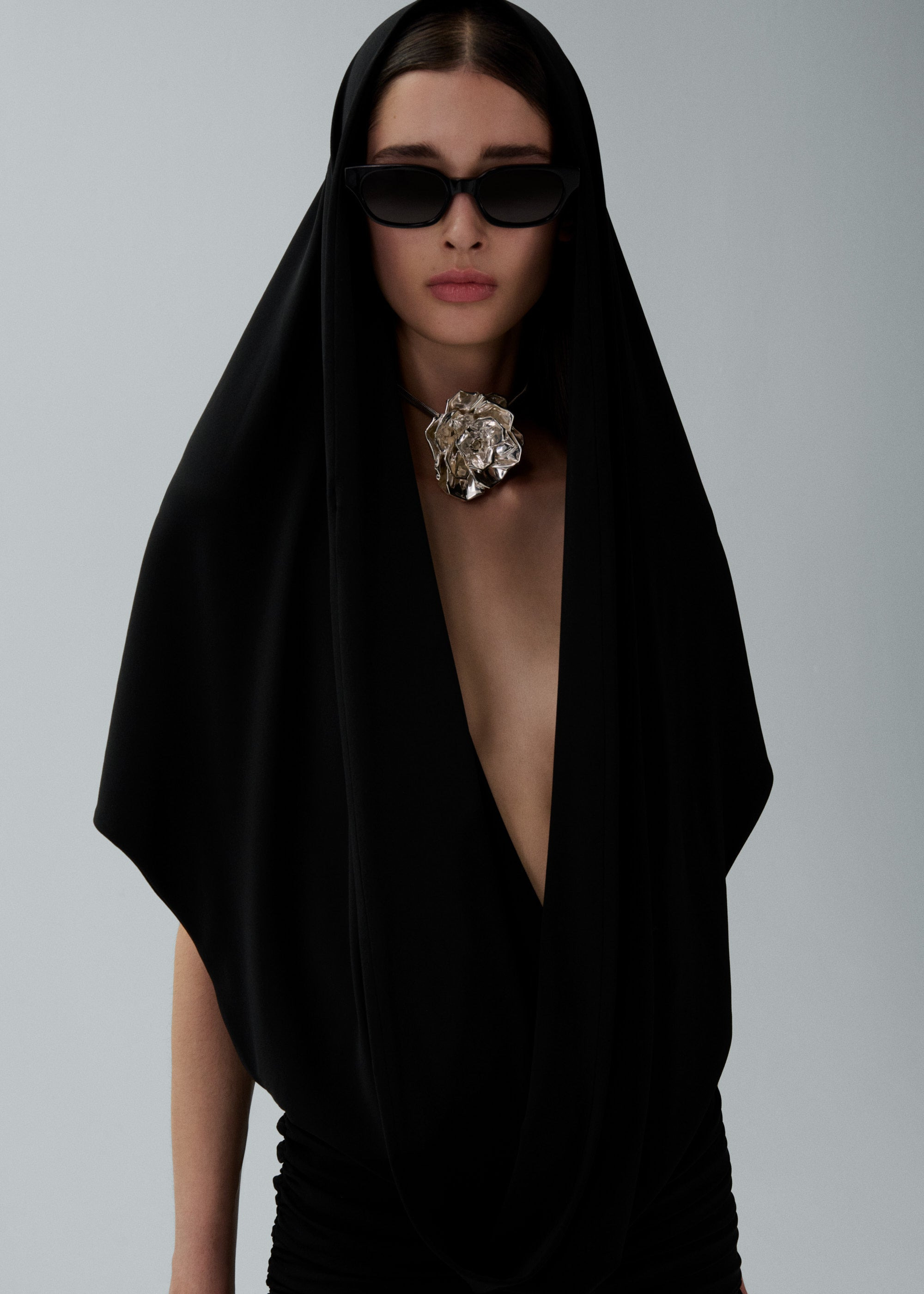 Hooded plunge maxi dress in black - 3