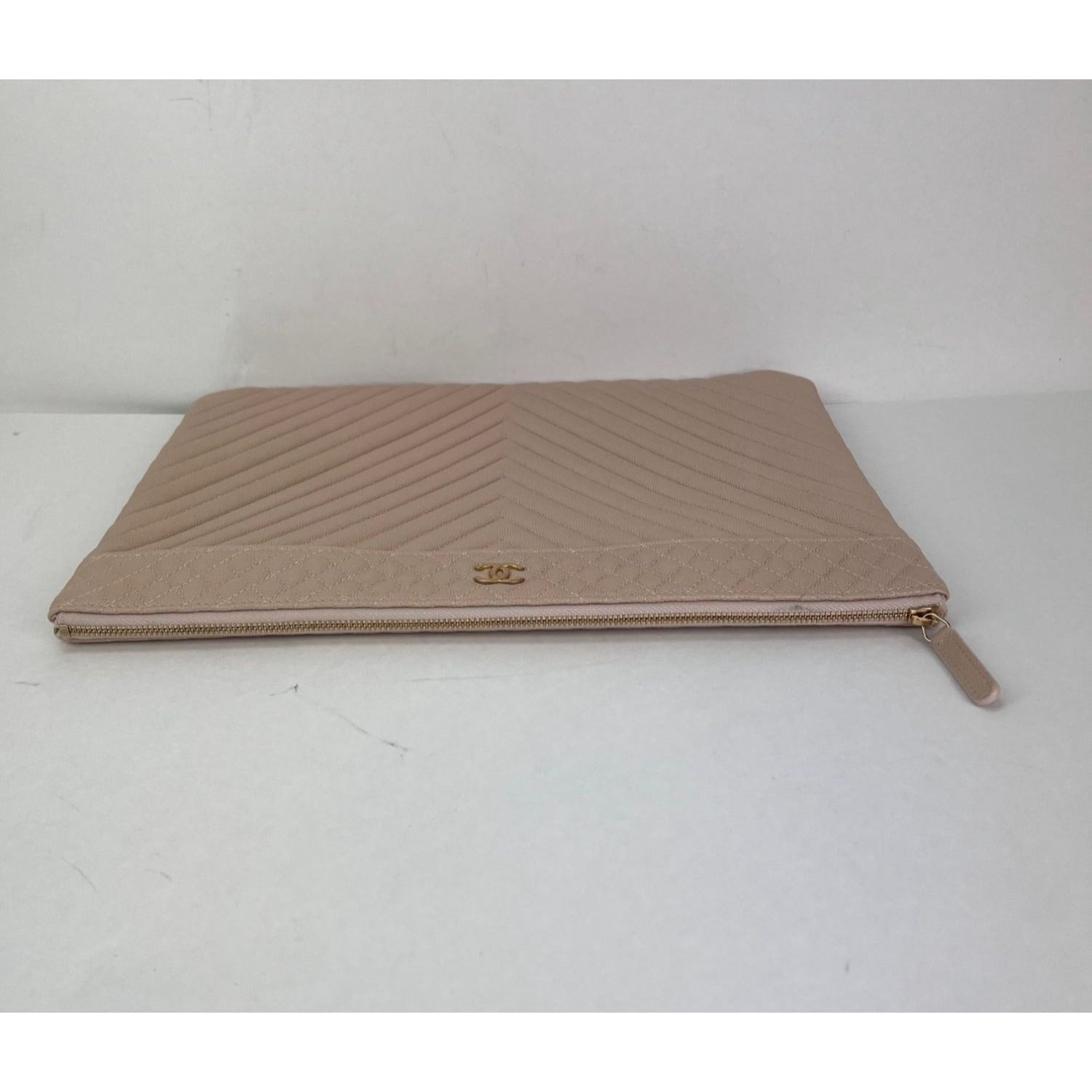 Chanel Caviar Chevron Quilted Large Beige Leather Cosmetic Clutch Bag - 11