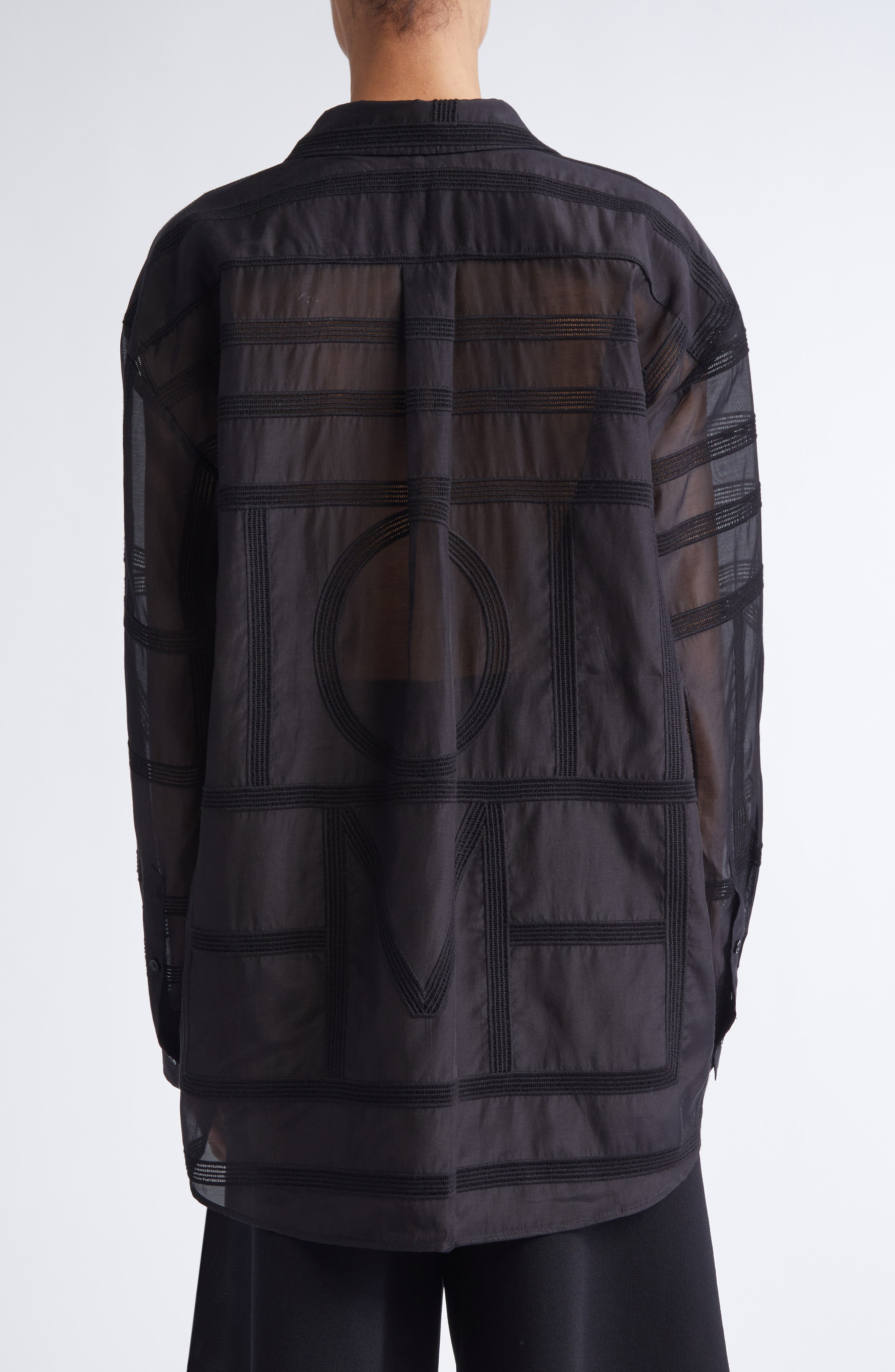 TOTEME Embroidered Organic Cotton & Silk Monogram Oversize Button-Up Shirt in Black at Nordstrom - 3