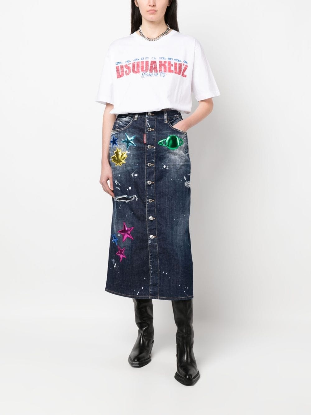 distressed patch-detail denim skirt - 2
