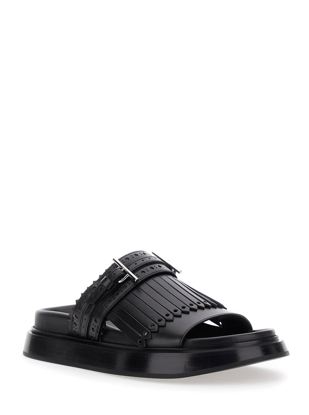 Alexander Mcqueen Women Black Sandals With Brogue T-Buckle Decorative Strap In Leather Woman - 2