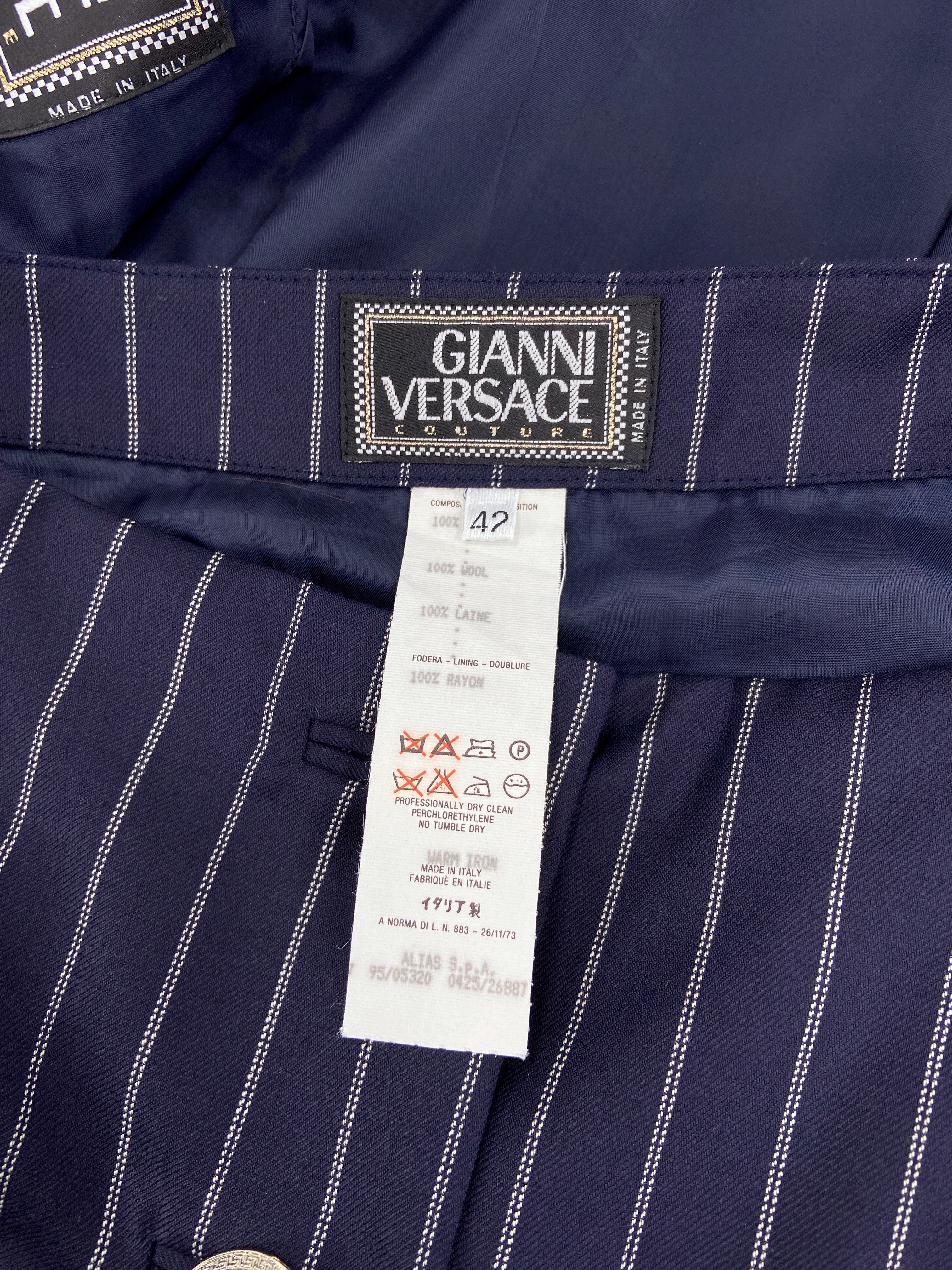 Gianni Versace Spring 1995 Navy Double Pinstriped Wrap Skirt Suit 42 - 19
