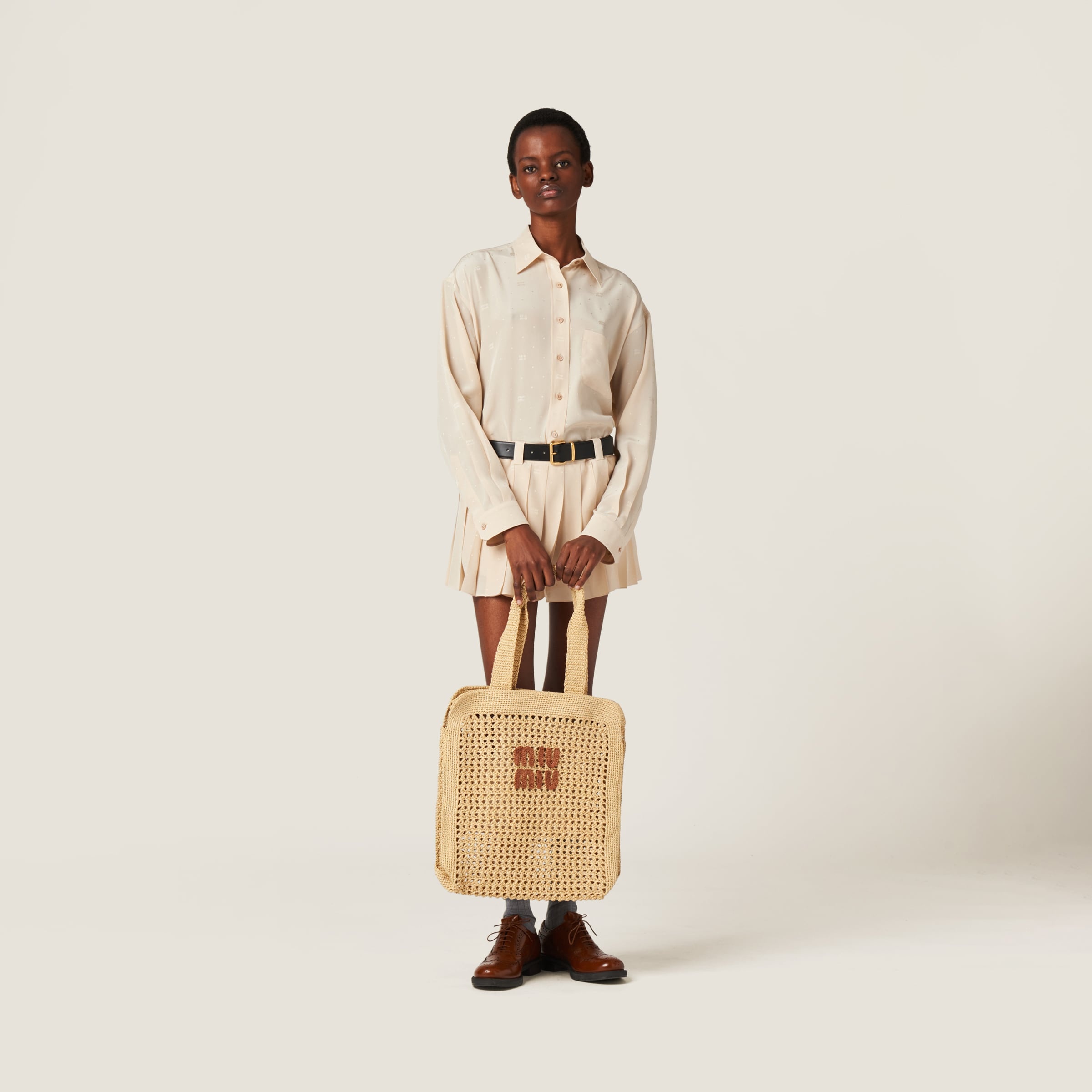 miu tote bag 38cm white woven fabric