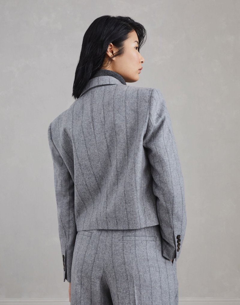 Brunello Cucinelli Striped techno virgin wool flannel cropped blazer with monili outlook