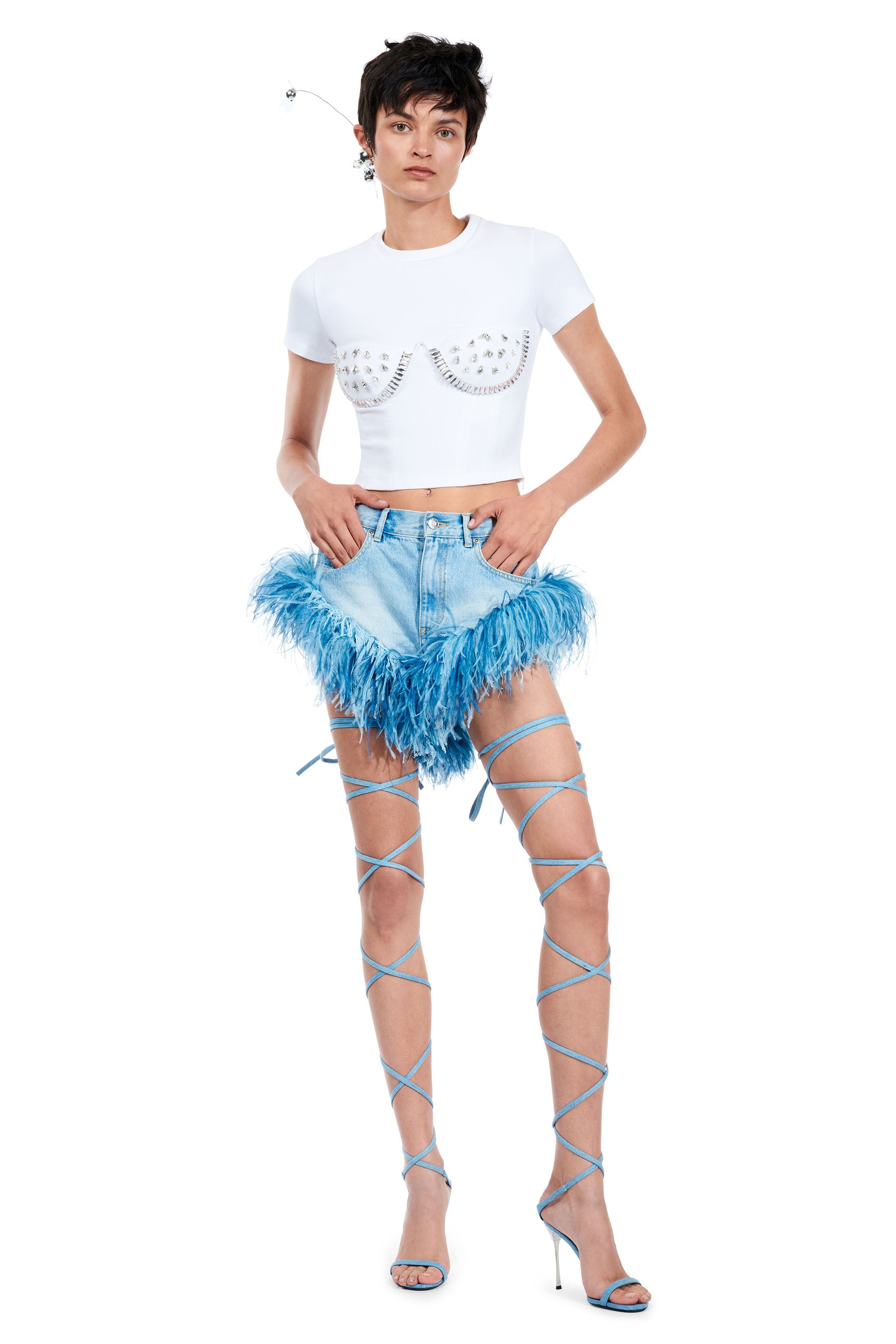 FRAYED DENIM FEATHER TRIM HOT SHORT - 4