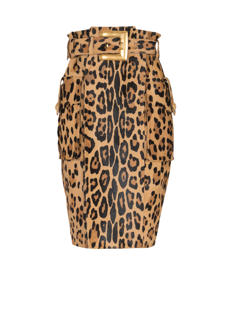 Ponyskin-style leather midi skirt with leopard pattern 1
