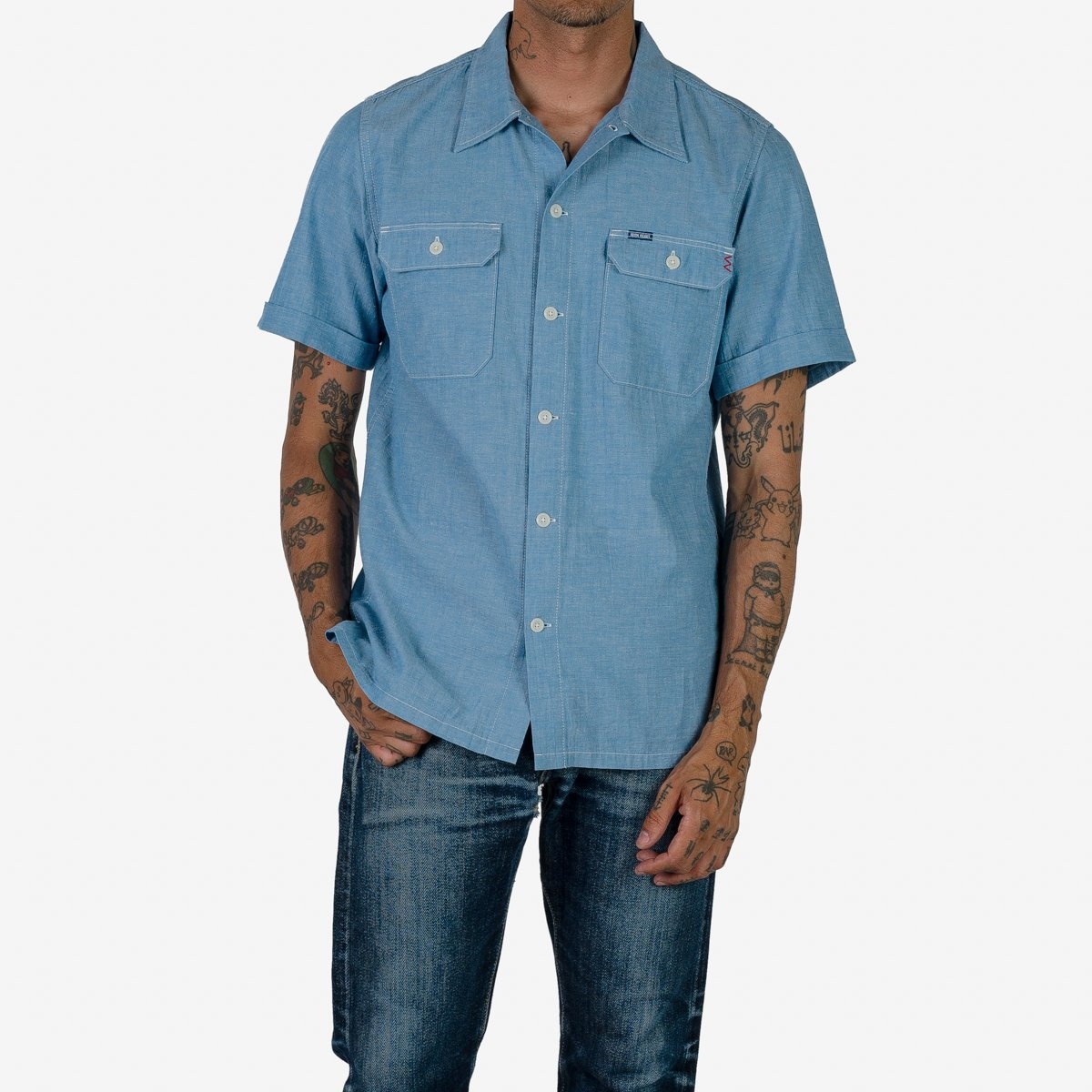 IHSH-388-BLU 4oz Selvedge Short Sleeved Summer Shirt - Blue - 2