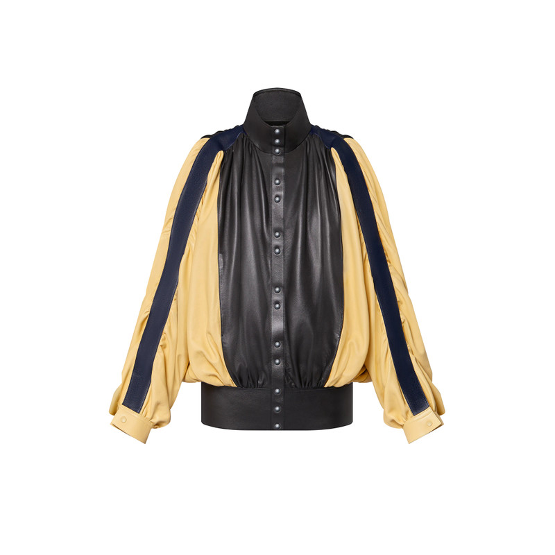 Color-Blocked Gathered Leather Jacket 1