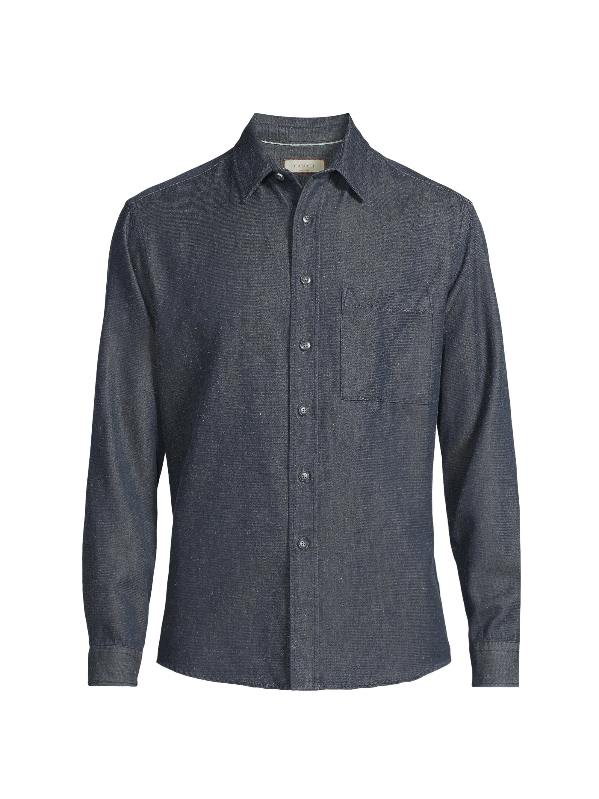 Men's Cotton Mélange Denim Button-Front Shirt - Dark Blue - 1
