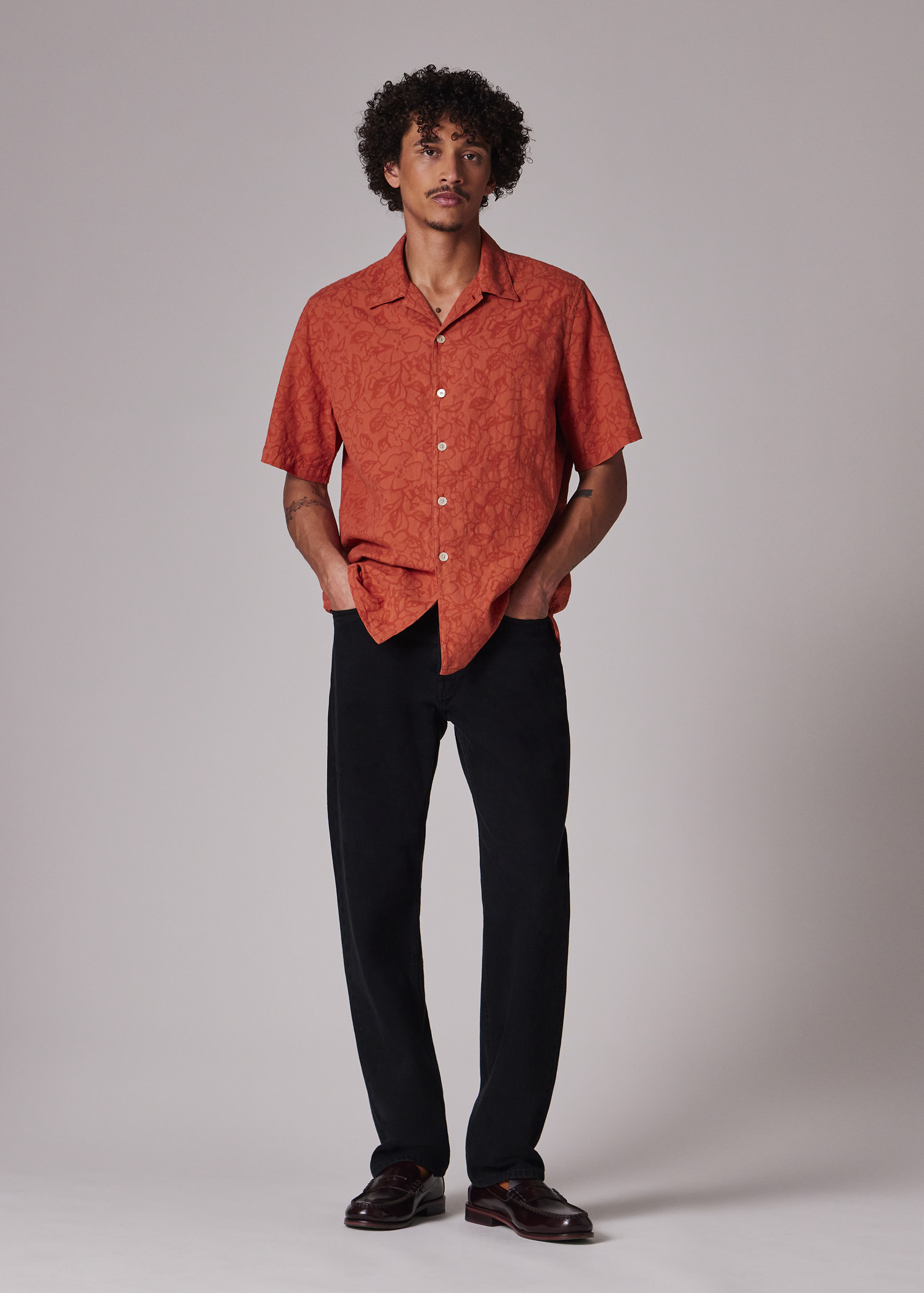 Orange Cotton Textured-Jacquard Short-Sleeve Shirt - 5