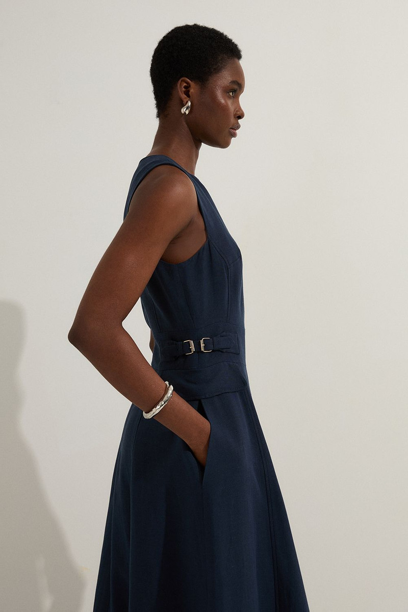 KAREN MILLEN Premium Tailored Linen Buckle Detail Full Skirt Midi Dress outlook
