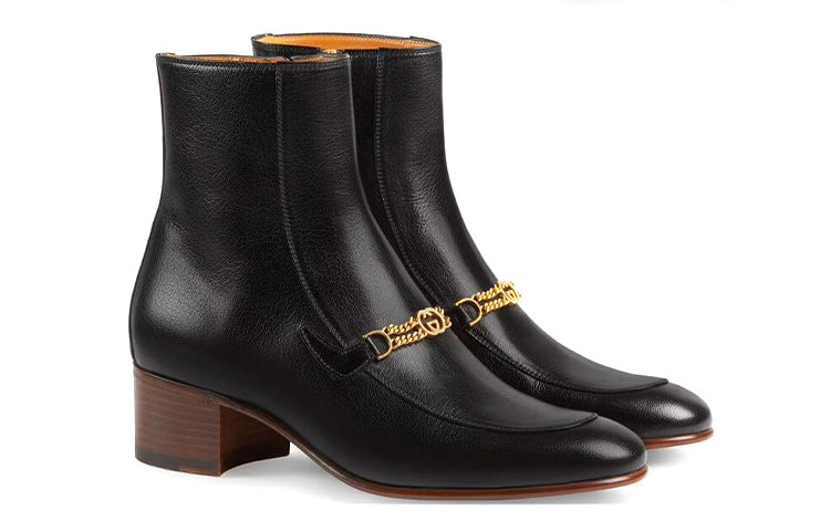 (WMNS) Gucci Leather Boots with Interlocking G chains 'Black' 648697-D3V00-1000 - 3