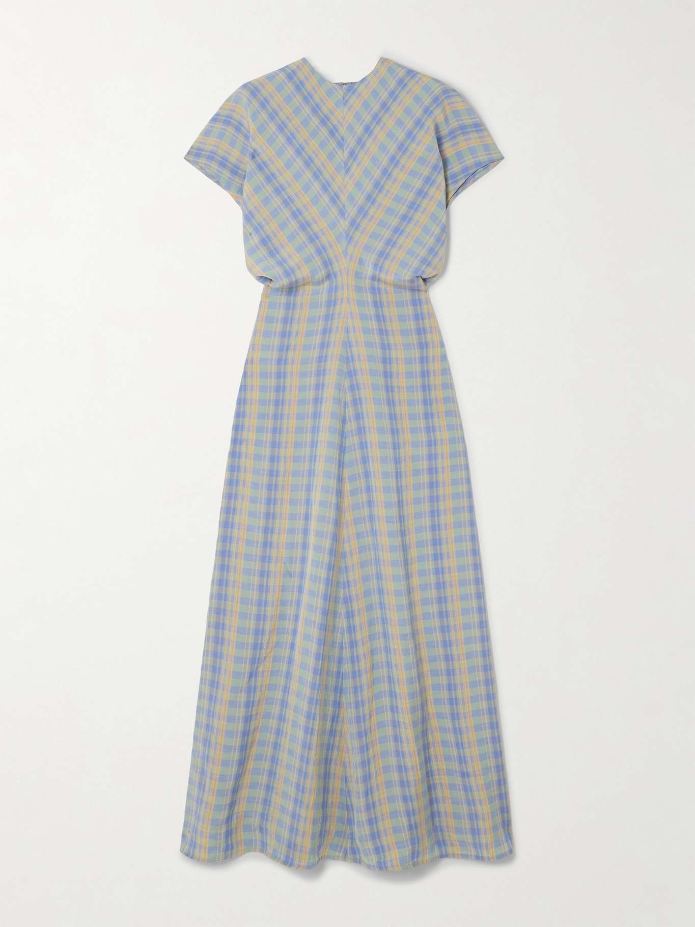 Gathered checked linen-blend maxi dress - 1